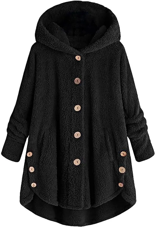 Baisico Black Side-Pocket Plush Hooded Button-Up Coat