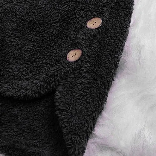 Baisico Black Side-Pocket Plush Hooded Button-Up Coat