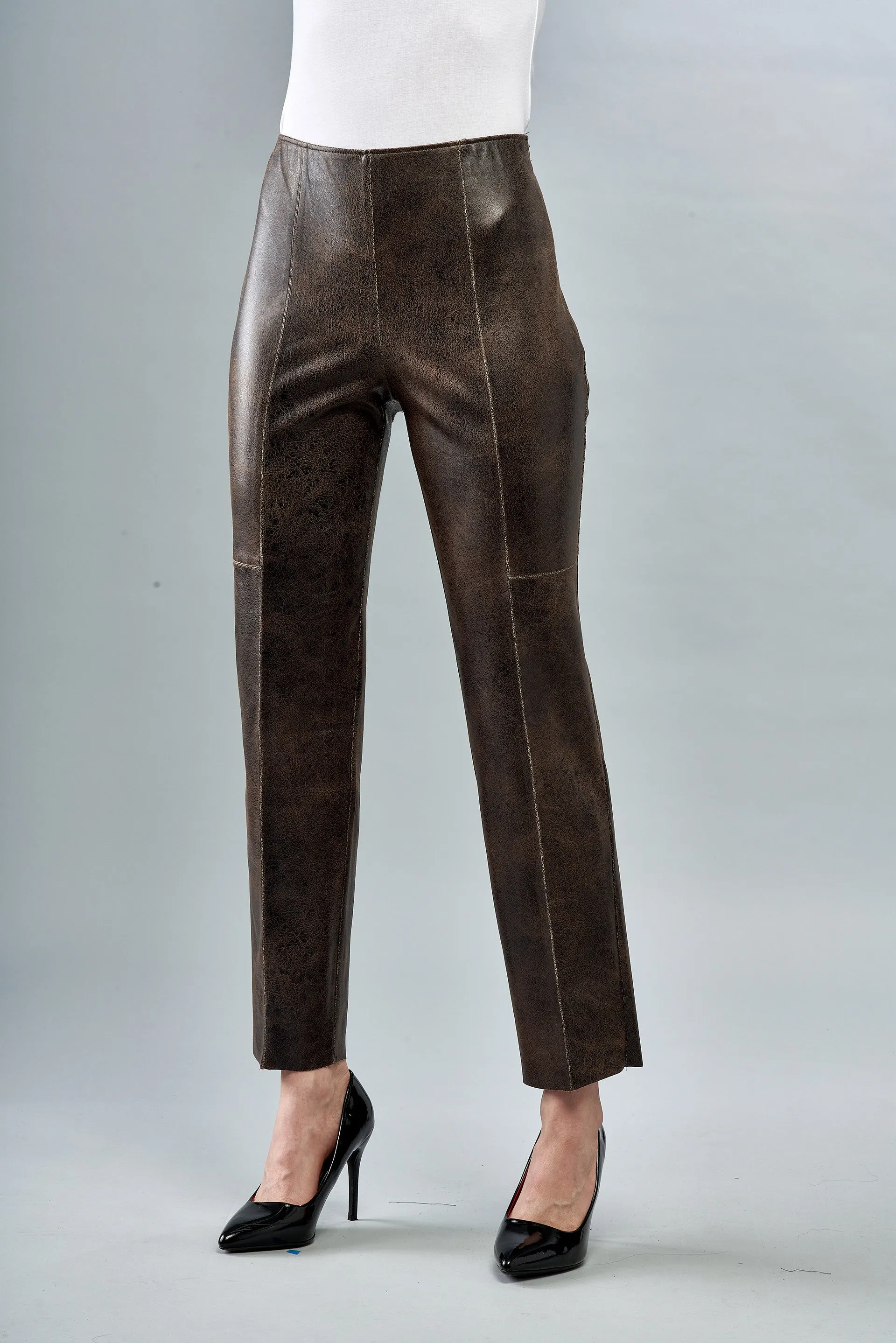 BCP8726PR Faux Vegan Leather Seamed Pants in Yellow Stone
