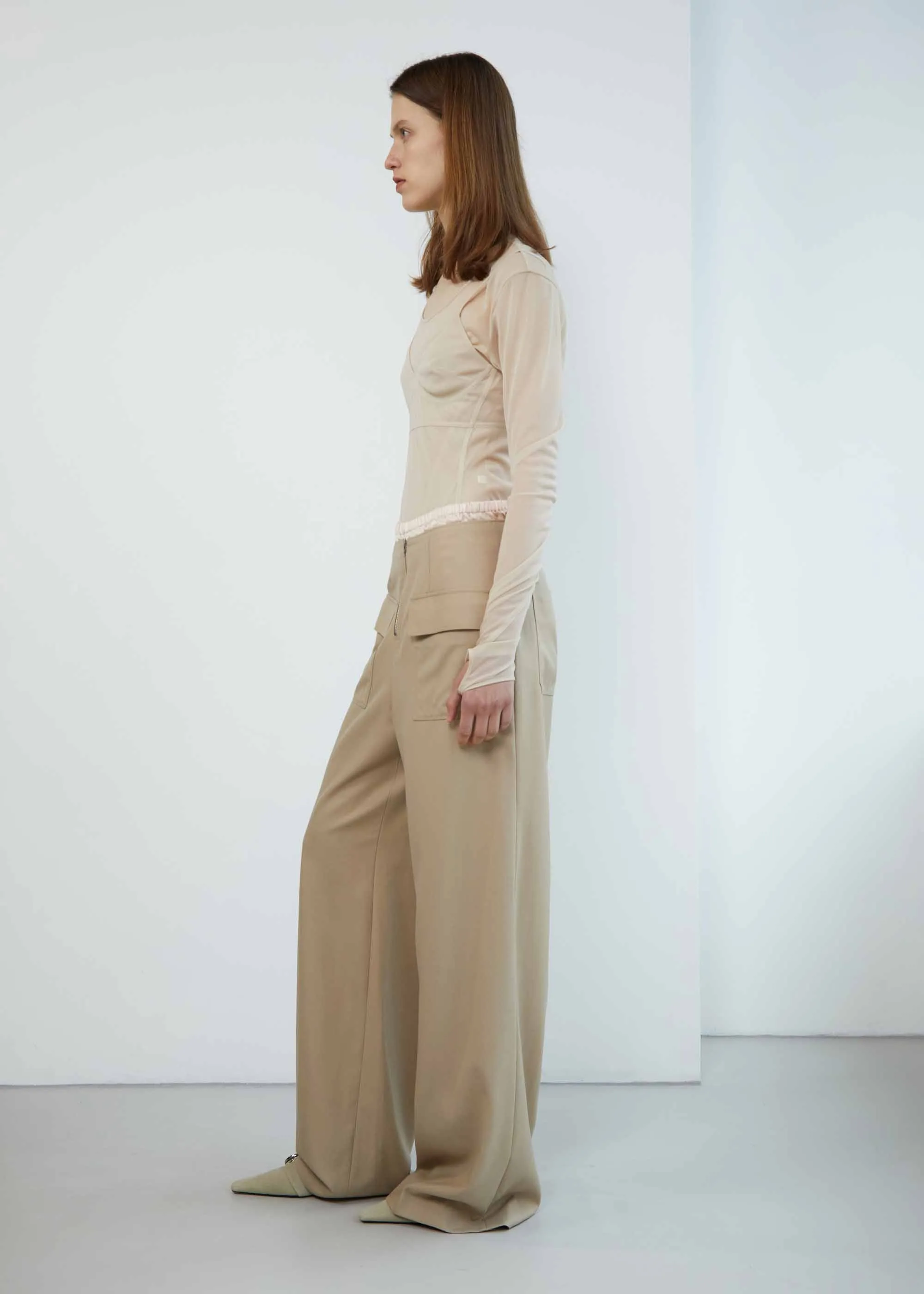 Beige 4-Pocket Wide Trousers