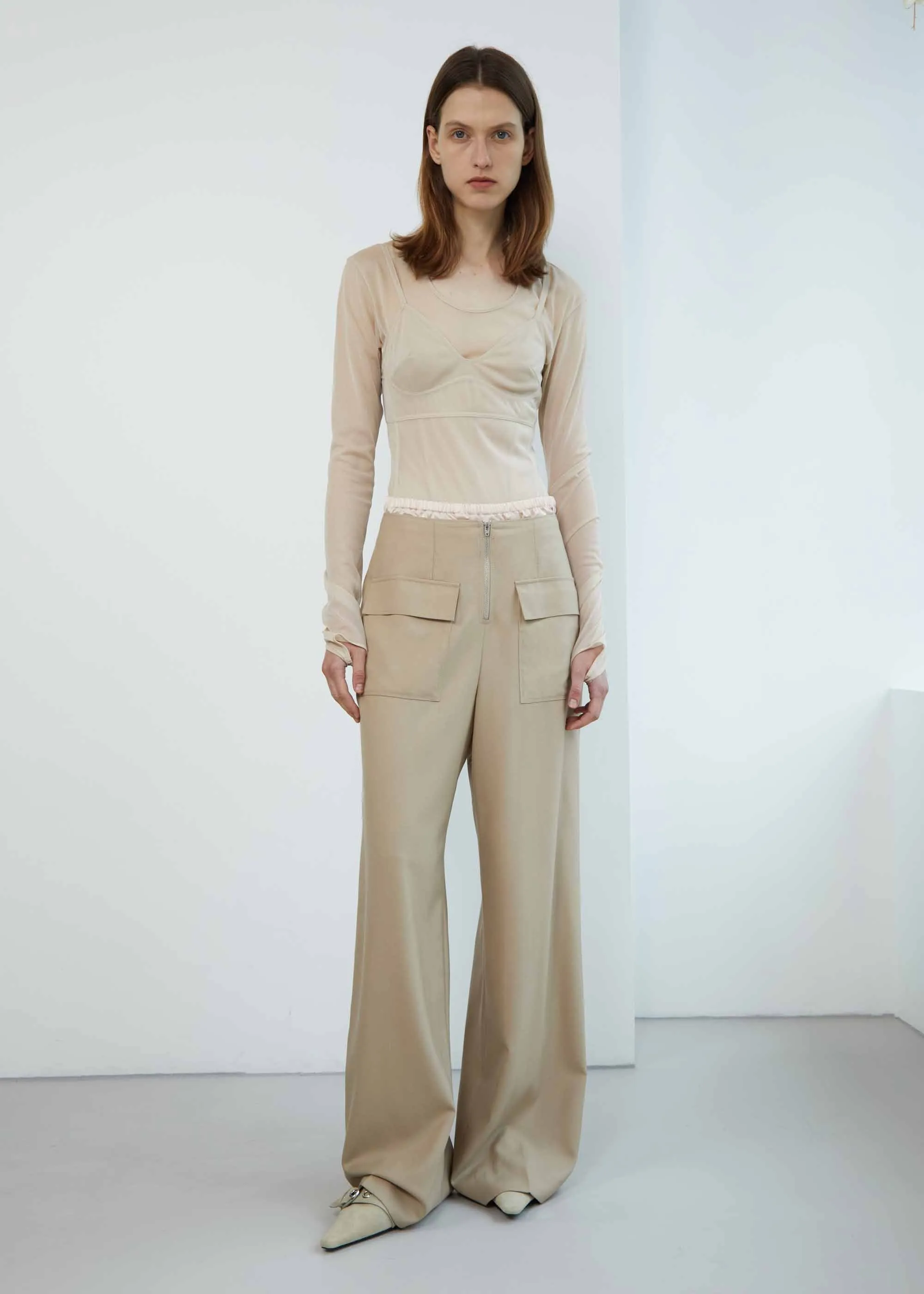 Beige 4-Pocket Wide Trousers