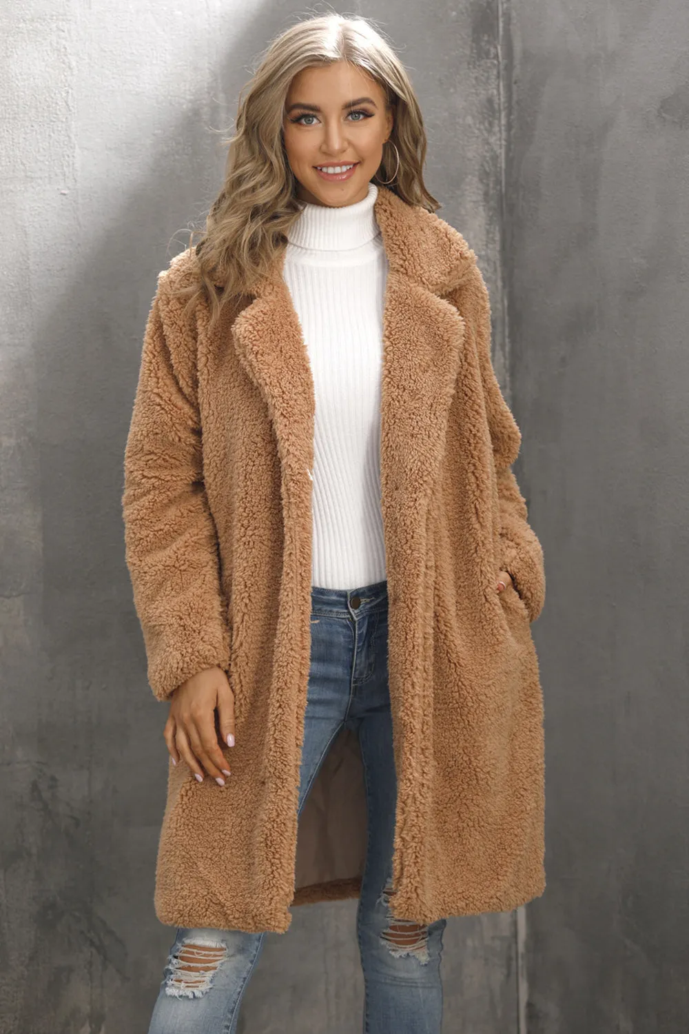 BerryBetty - Camel Notched Lapel Long Faux Fur Women Coat