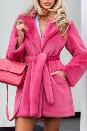 BerryBetty - Fuchsia Lapel Neck Long Faux Fur Women Coat with Belt
