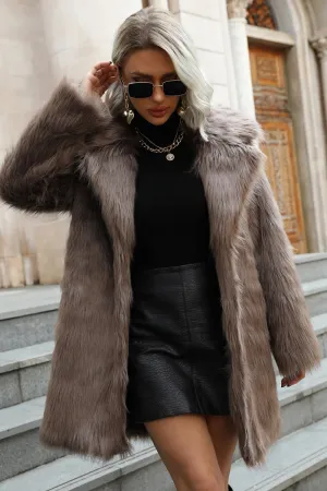 BerryBetty - Khaki Midi Lapel Neck Women Faux Fur Coat