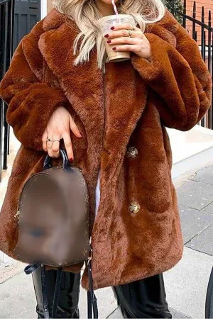 BerryBetty - Orange Lapel Neck Open Front Faux Fur Midi Women Coat