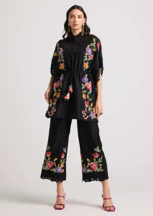 Black applique and beadwork pants