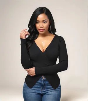 Black Asymmetric V Neck Top