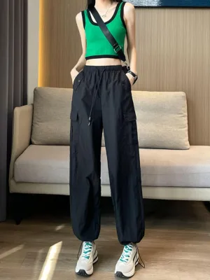 Black Elastic Cargo Pants With Drawstring