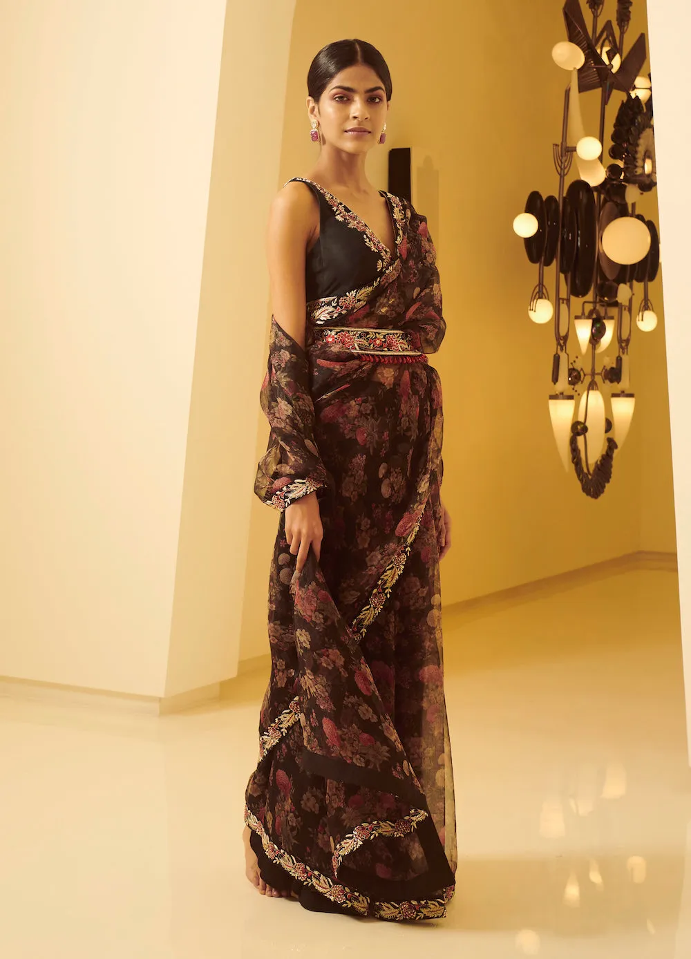 Black Embroidered Saree Set