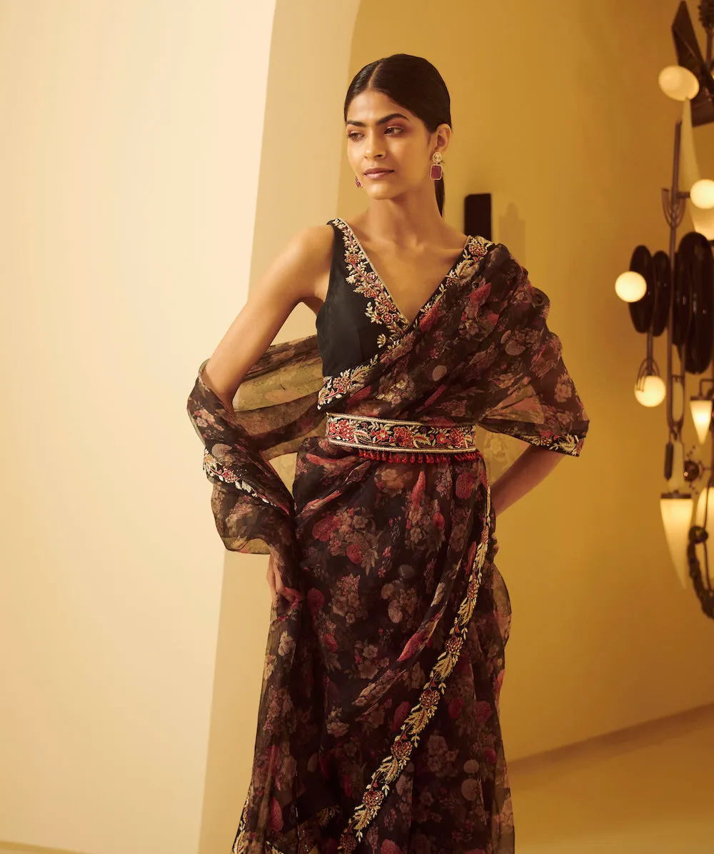 Black Embroidered Saree Set
