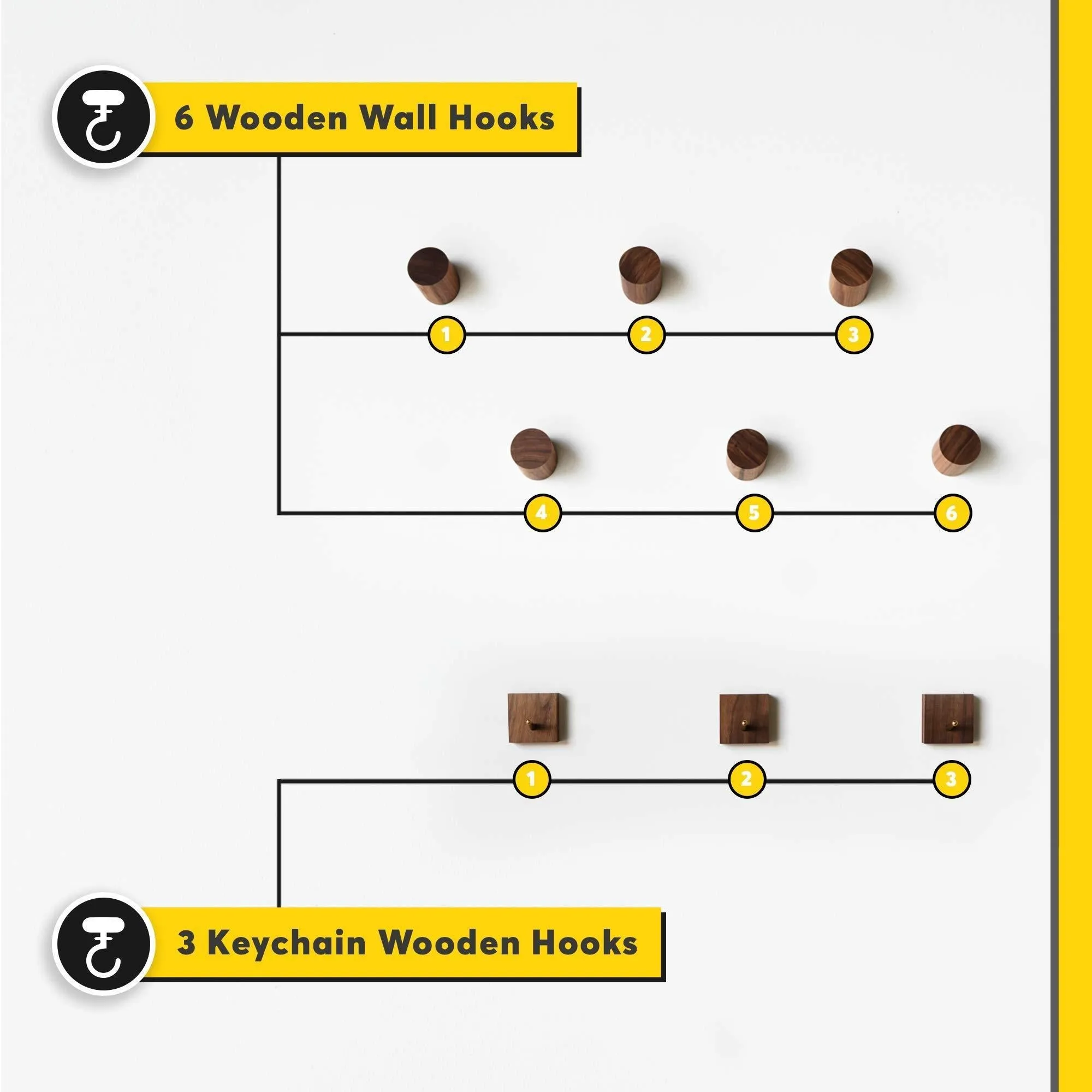 Black Walnut Wooden Wall Mounted Coat Hooks - 6 Pack, Bonus of 3 Key Hooks, Towel or Hat Rack, Keychain Hooks, Hooks for Hanging Hats, Caps, Headphones, Jackets, Purses, a Kitchen & Wall Organizer
