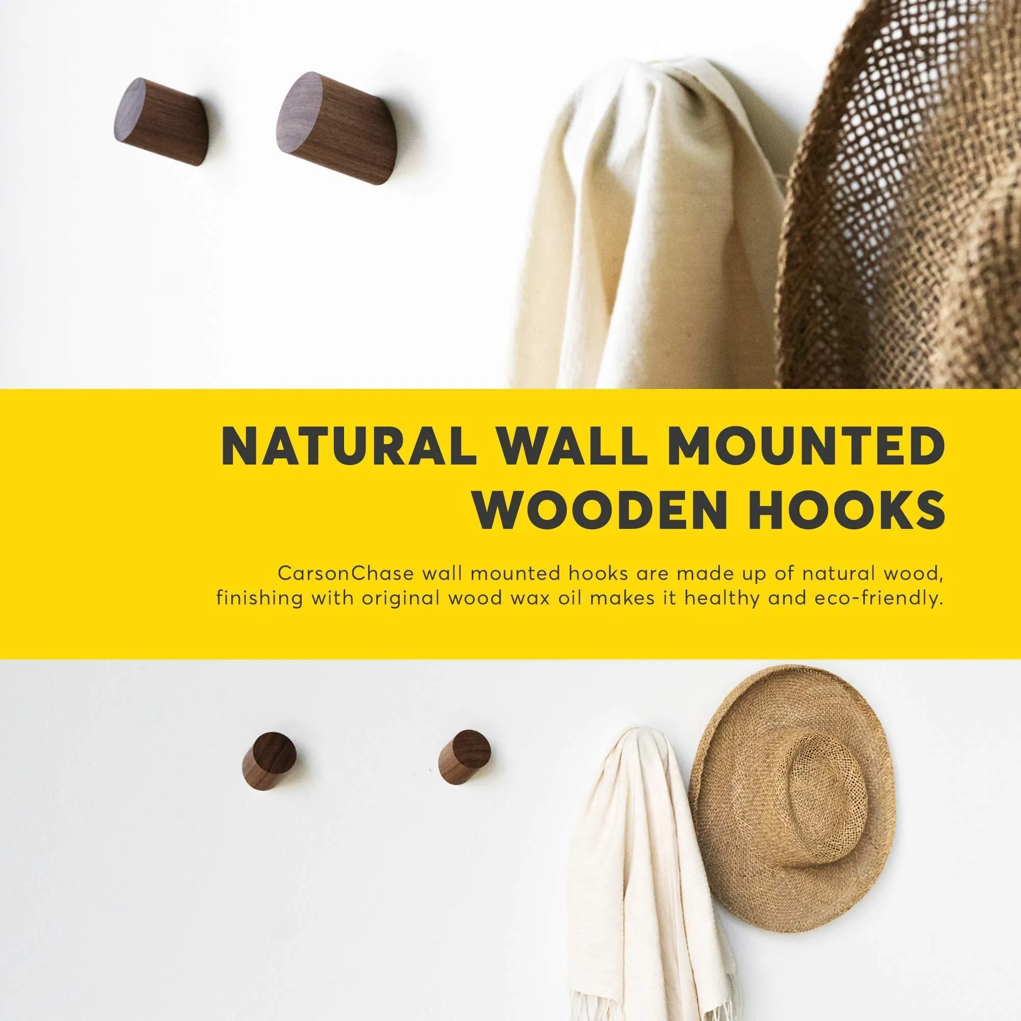 Black Walnut Wooden Wall Mounted Coat Hooks - 6 Pack, Bonus of 3 Key Hooks, Towel or Hat Rack, Keychain Hooks, Hooks for Hanging Hats, Caps, Headphones, Jackets, Purses, a Kitchen & Wall Organizer