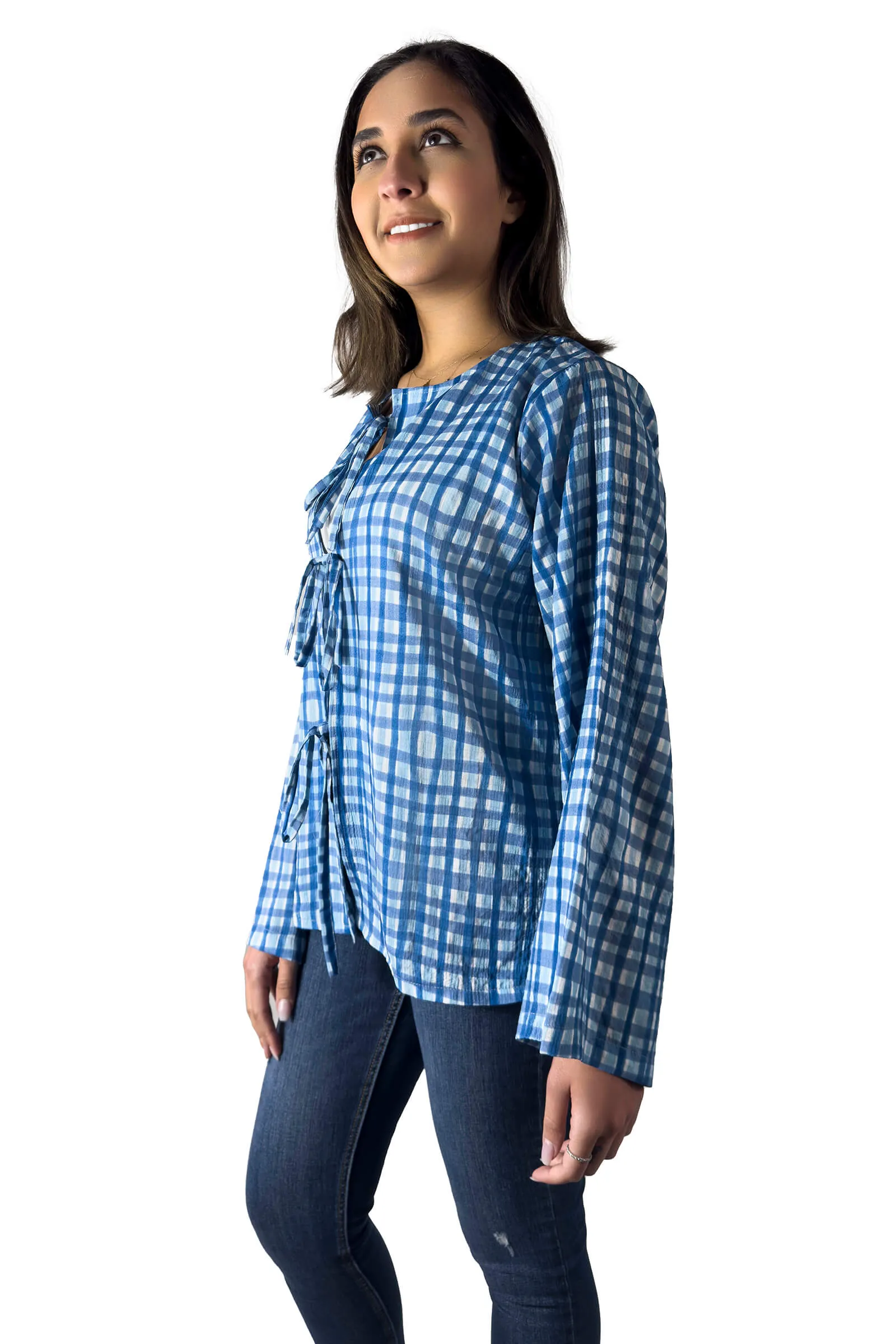 Blue Gingham Tie-Up Blouse