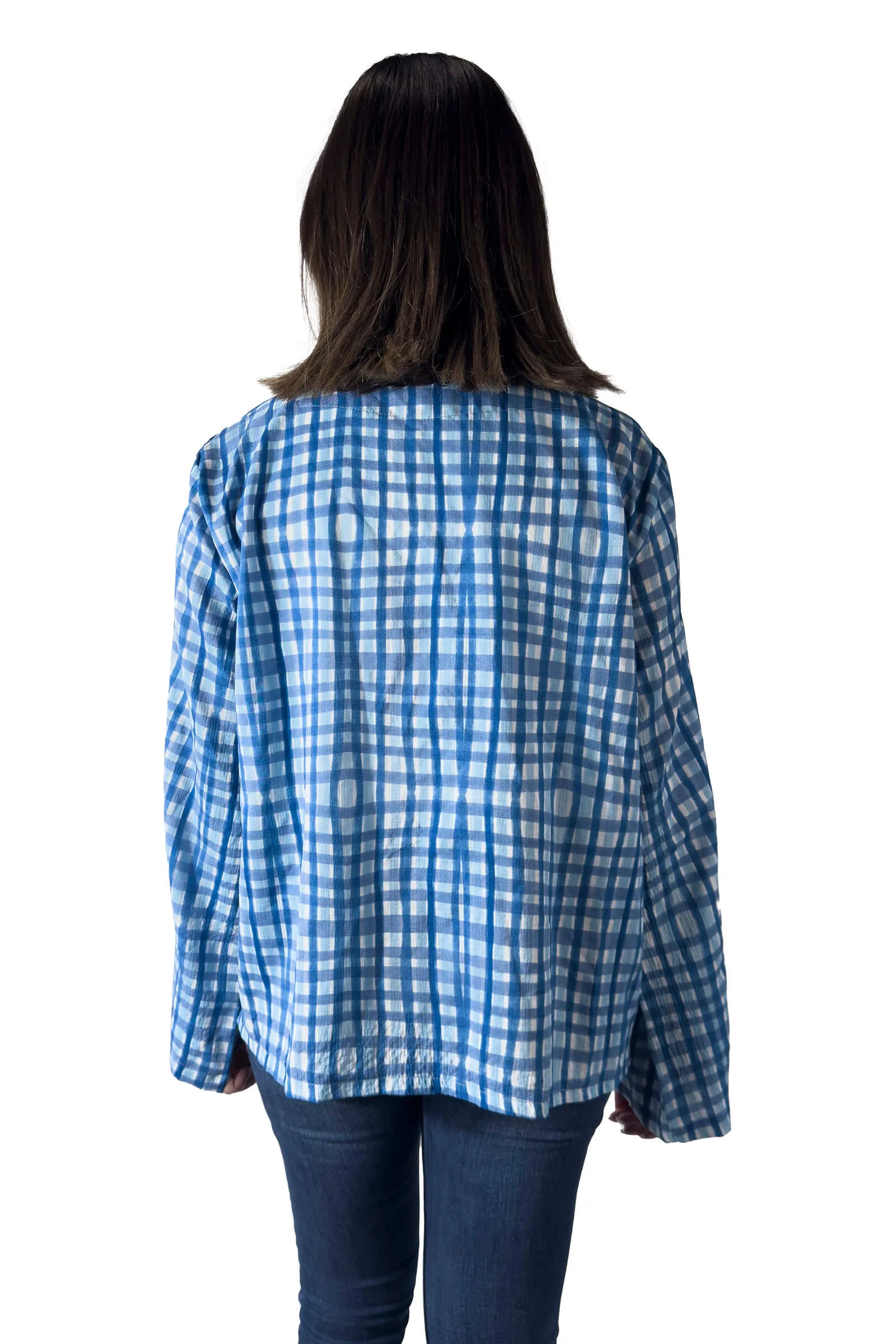 Blue Gingham Tie-Up Blouse