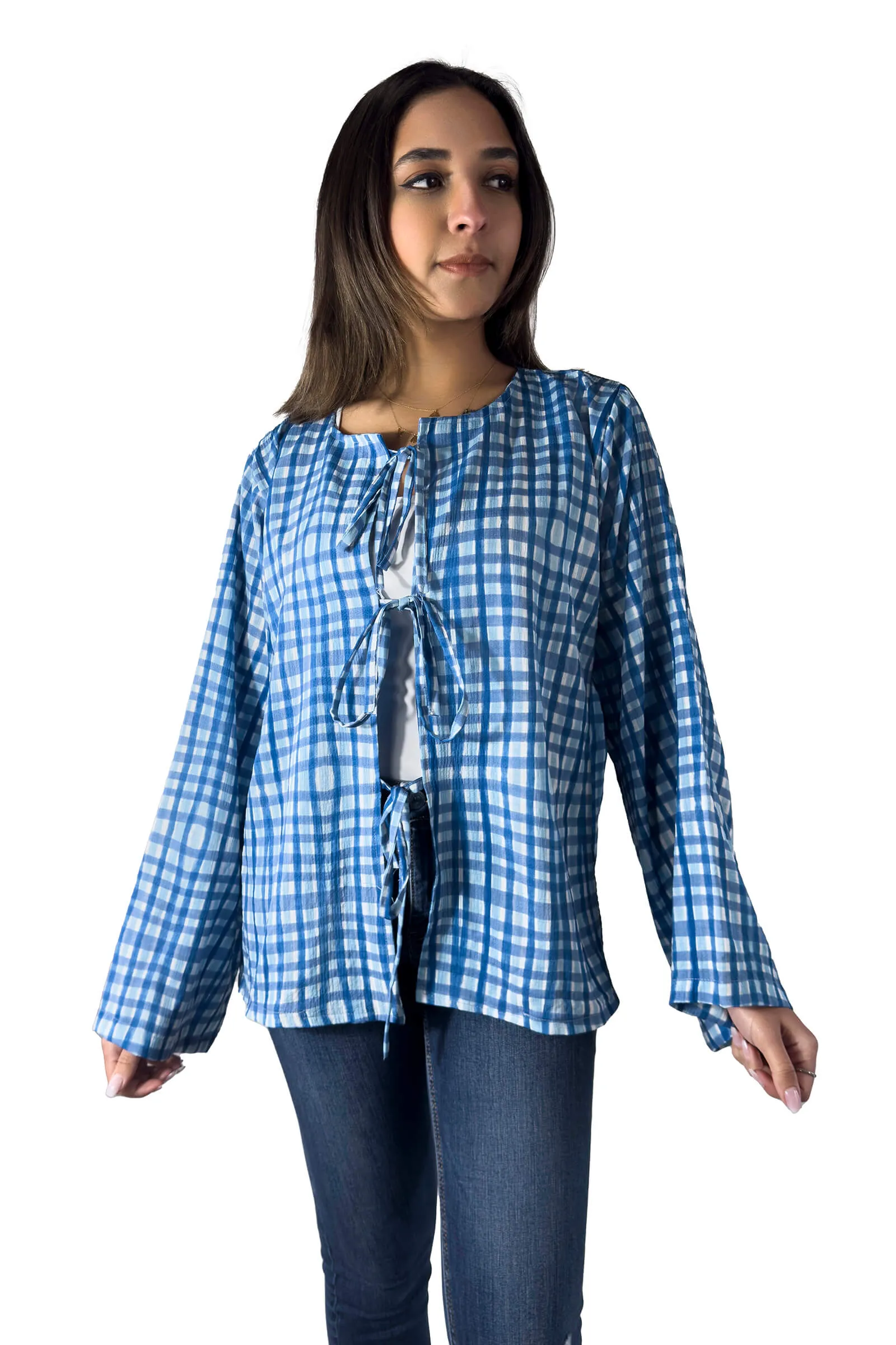 Blue Gingham Tie-Up Blouse