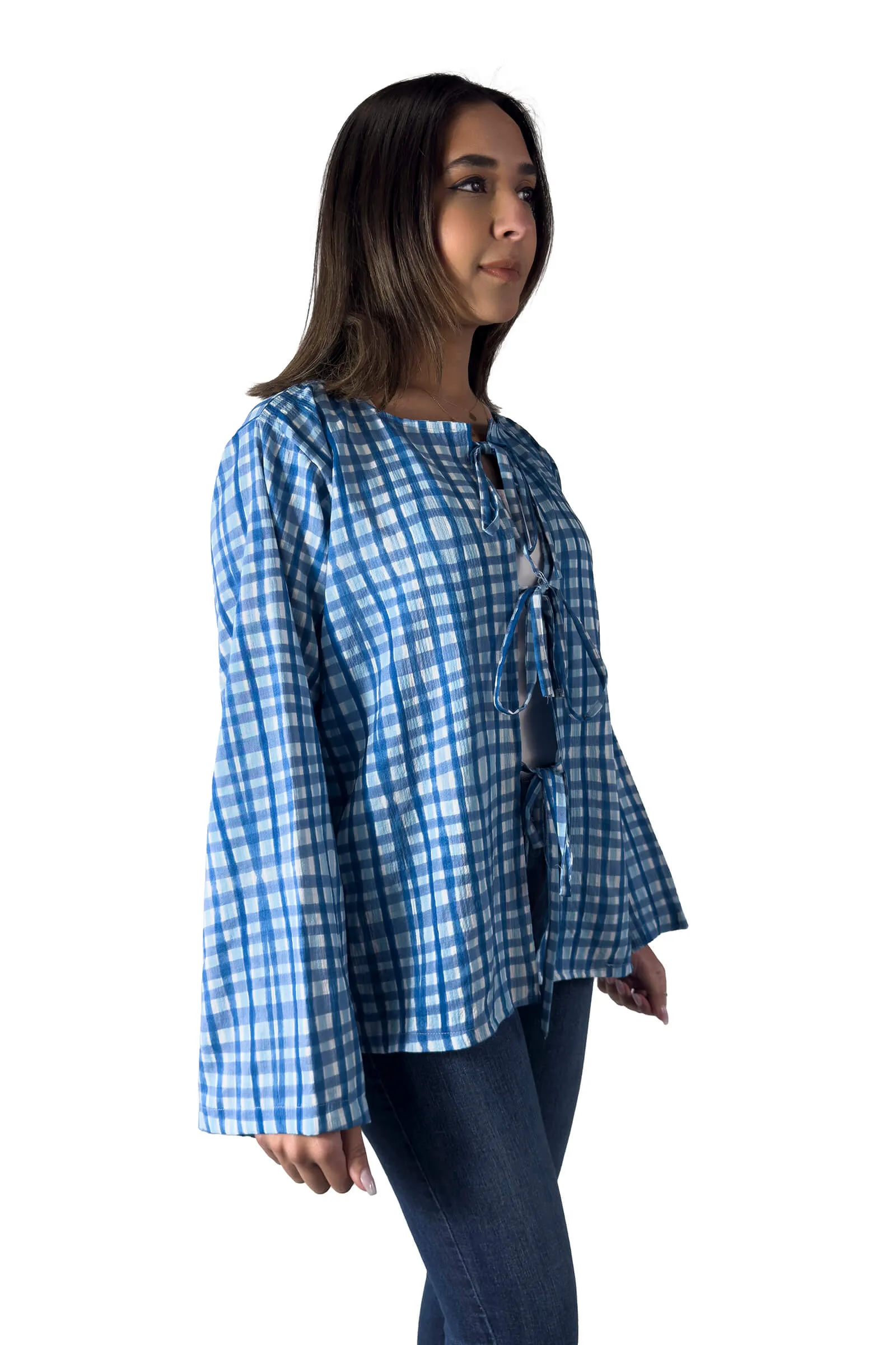 Blue Gingham Tie-Up Blouse
