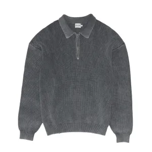 bound Acid Wash Half Zip Knit Pullover - Charcoal