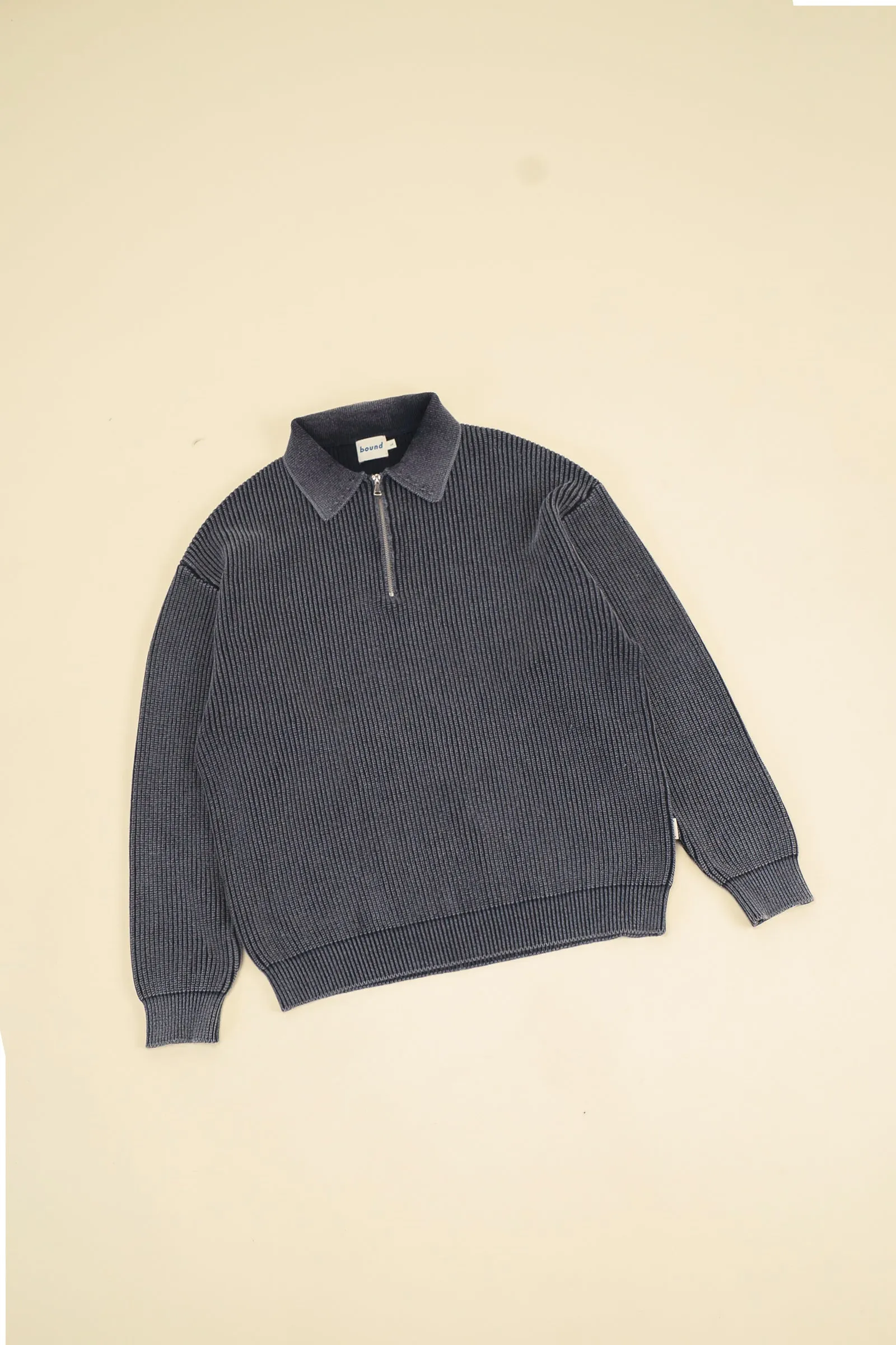 bound Acid Wash Half Zip Knit Pullover - Charcoal