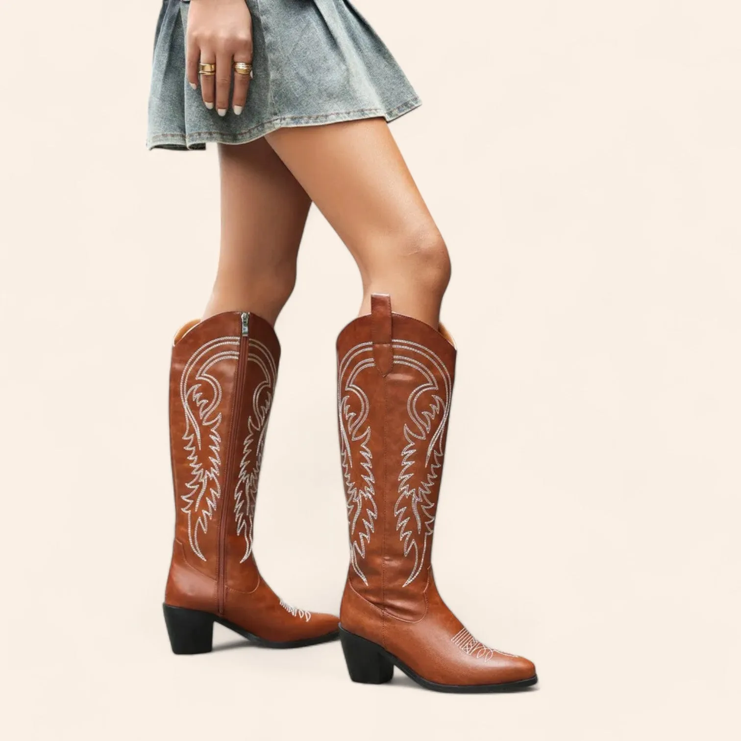 Brown cowboy boots with embroidery and zipper - N°58