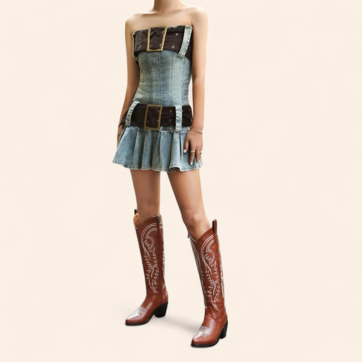 Brown cowboy boots with embroidery and zipper - N°58