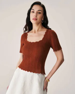 Brown Square Neck Scalloped Knit Tee