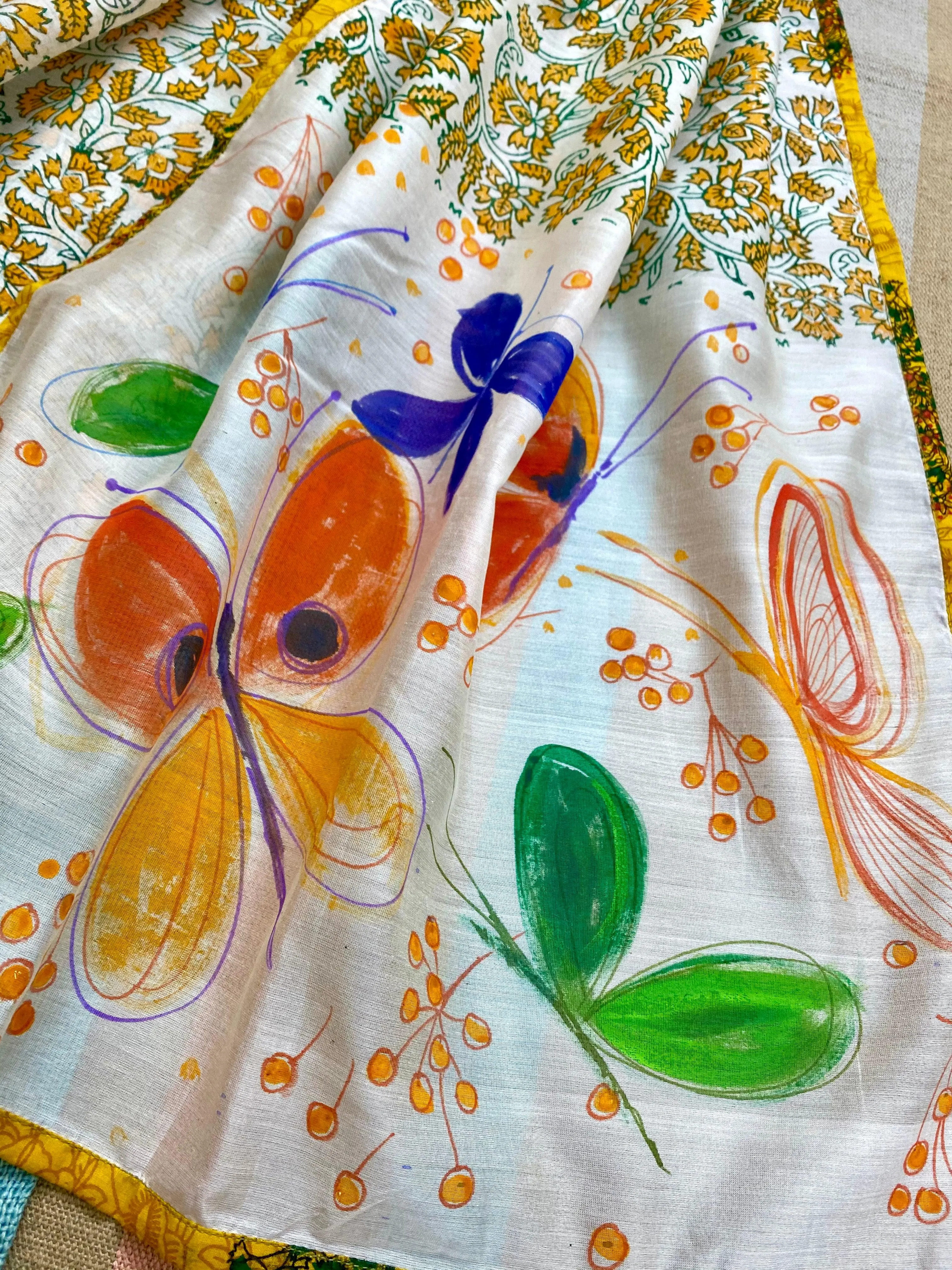 Butterflies & Cadmium Flowers Hand Painted on Silk Cotton Scarf