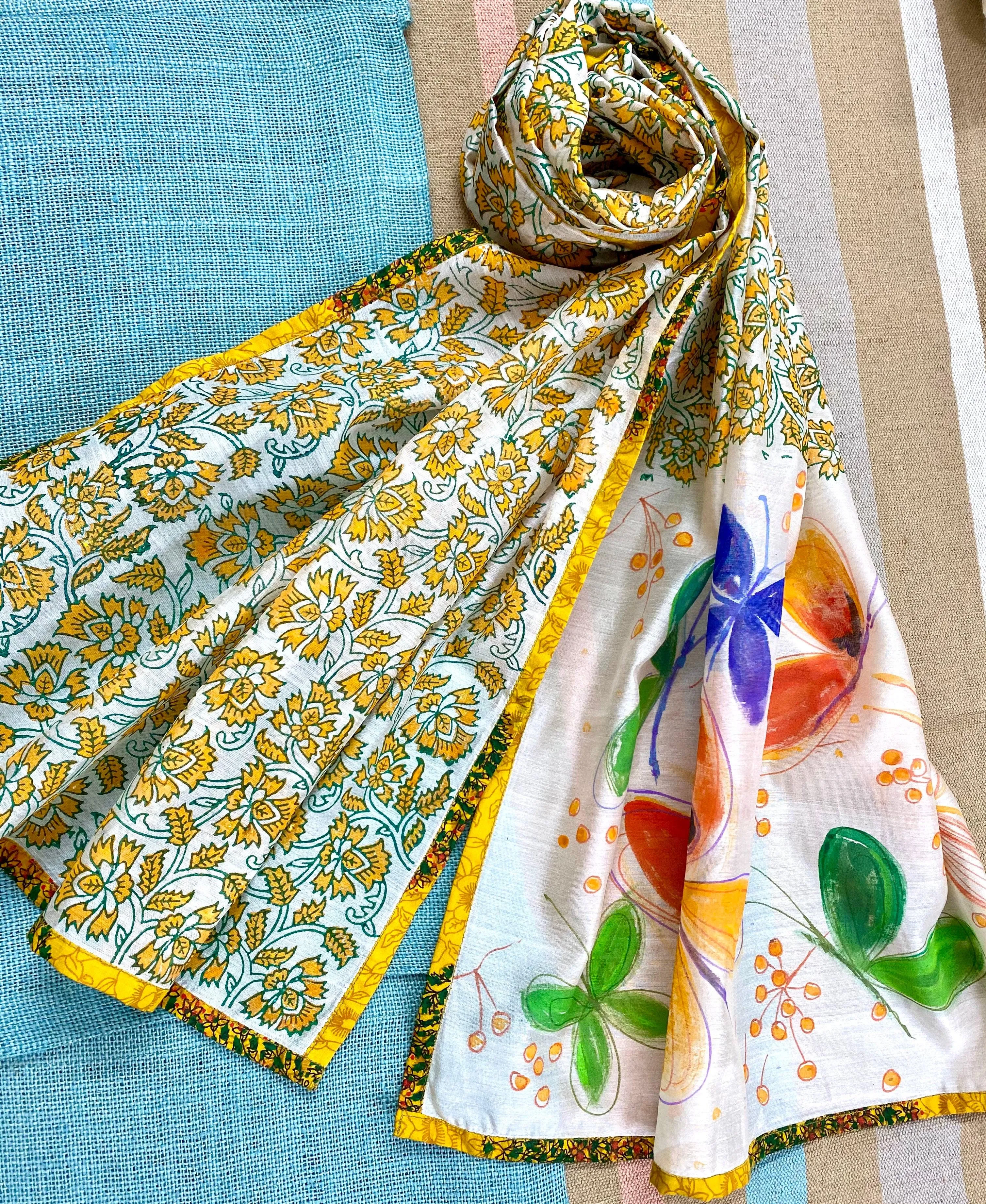 Butterflies & Cadmium Flowers Hand Painted on Silk Cotton Scarf