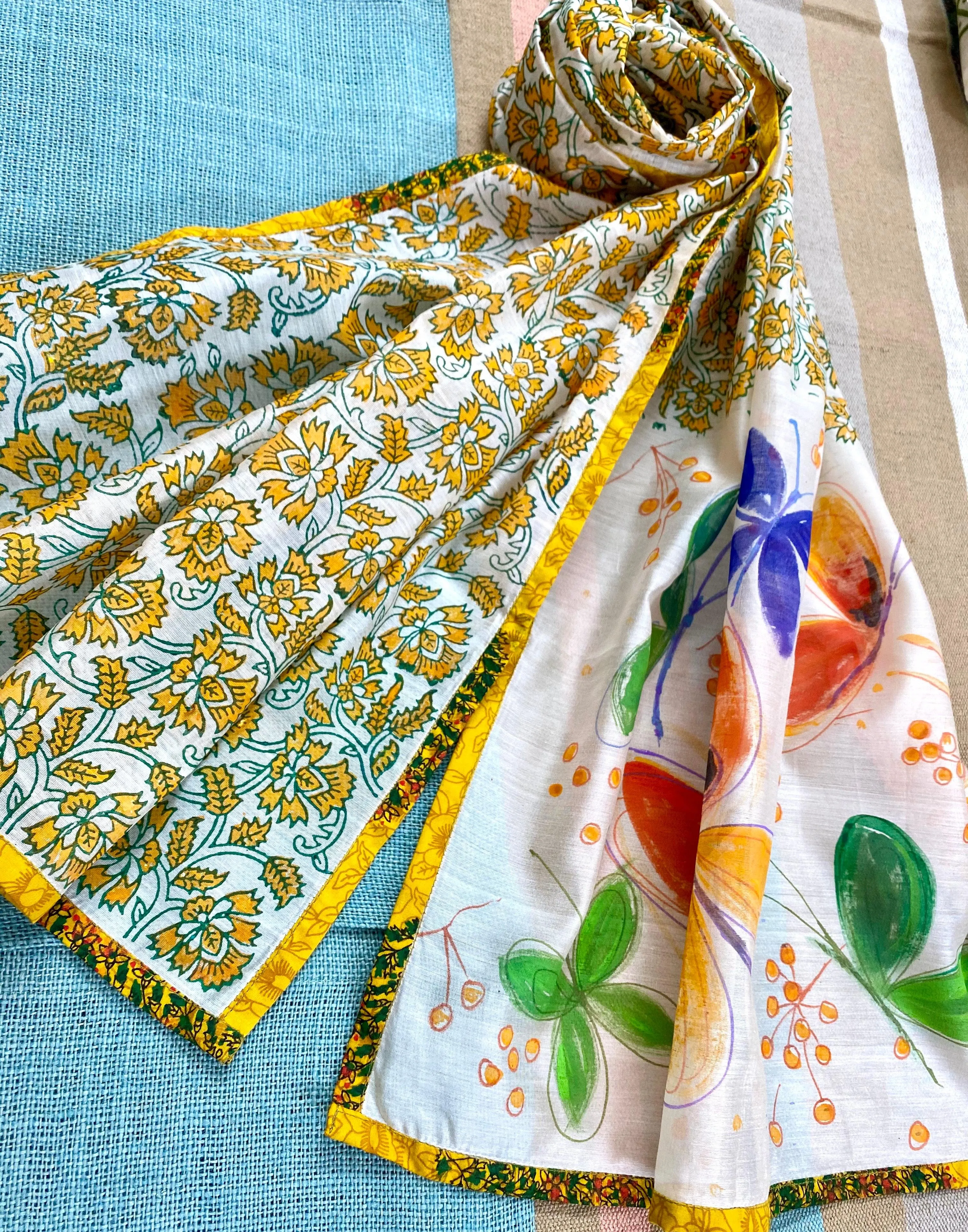 Butterflies & Cadmium Flowers Hand Painted on Silk Cotton Scarf