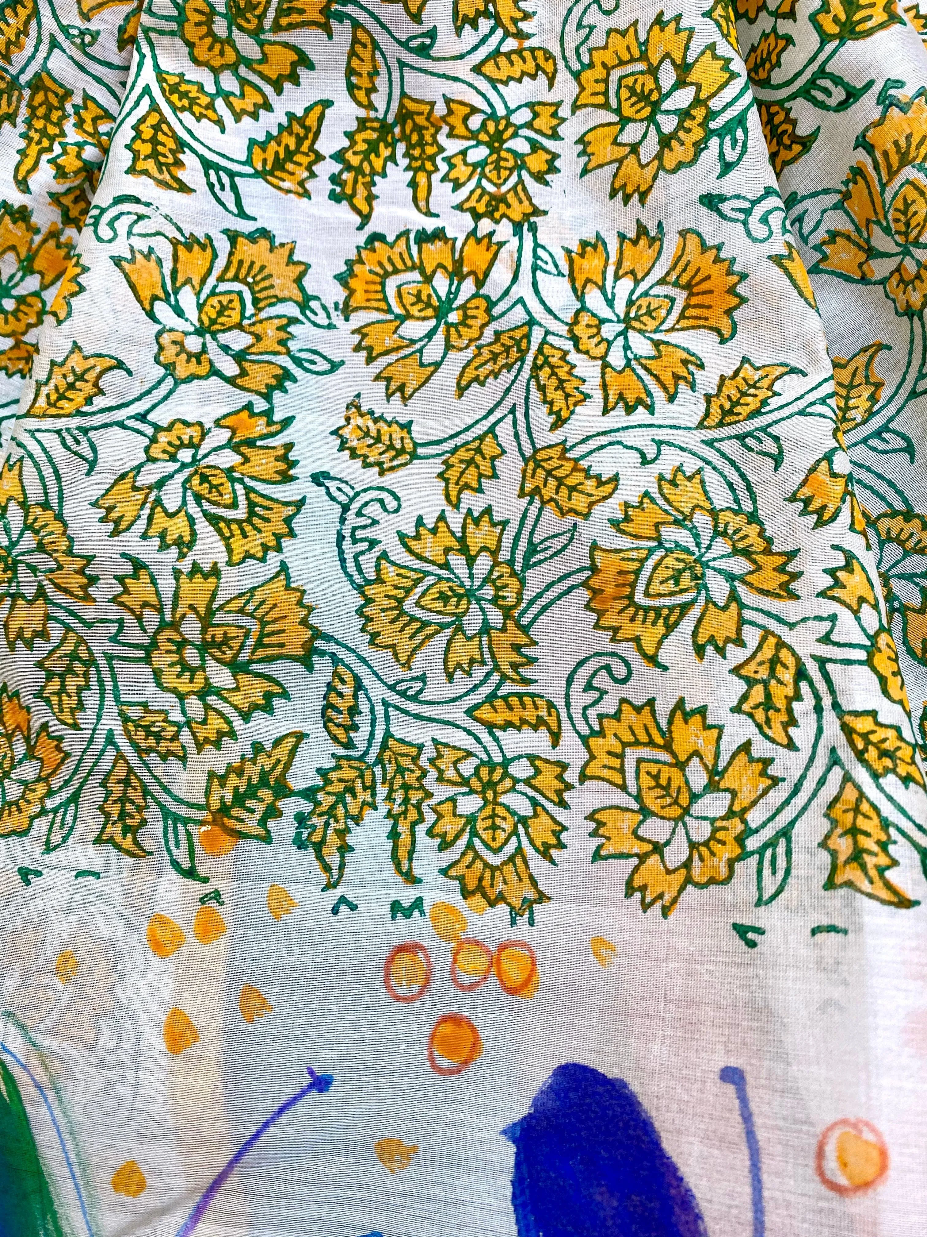 Butterflies & Cadmium Flowers Hand Painted on Silk Cotton Scarf