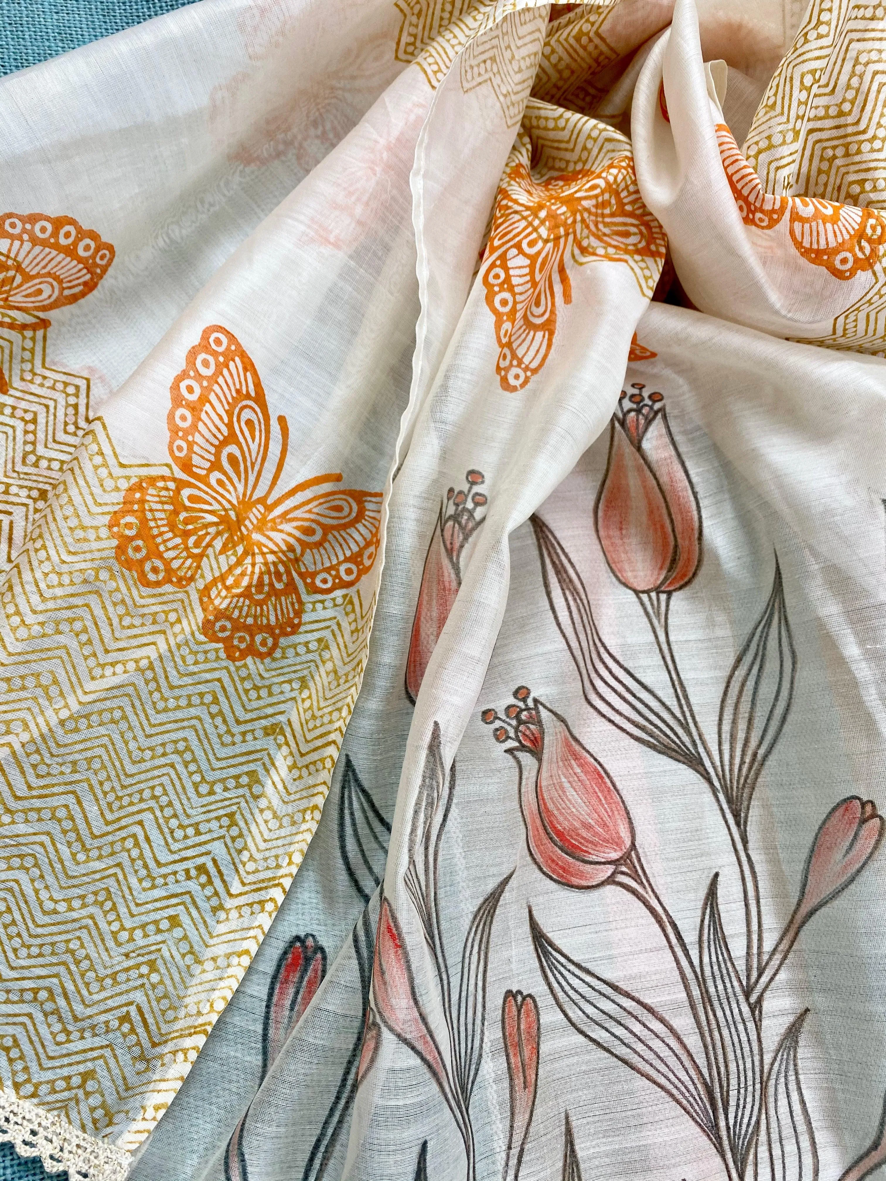 Butterflies & Flowers Hand Painted Silk Cotton Scarf
