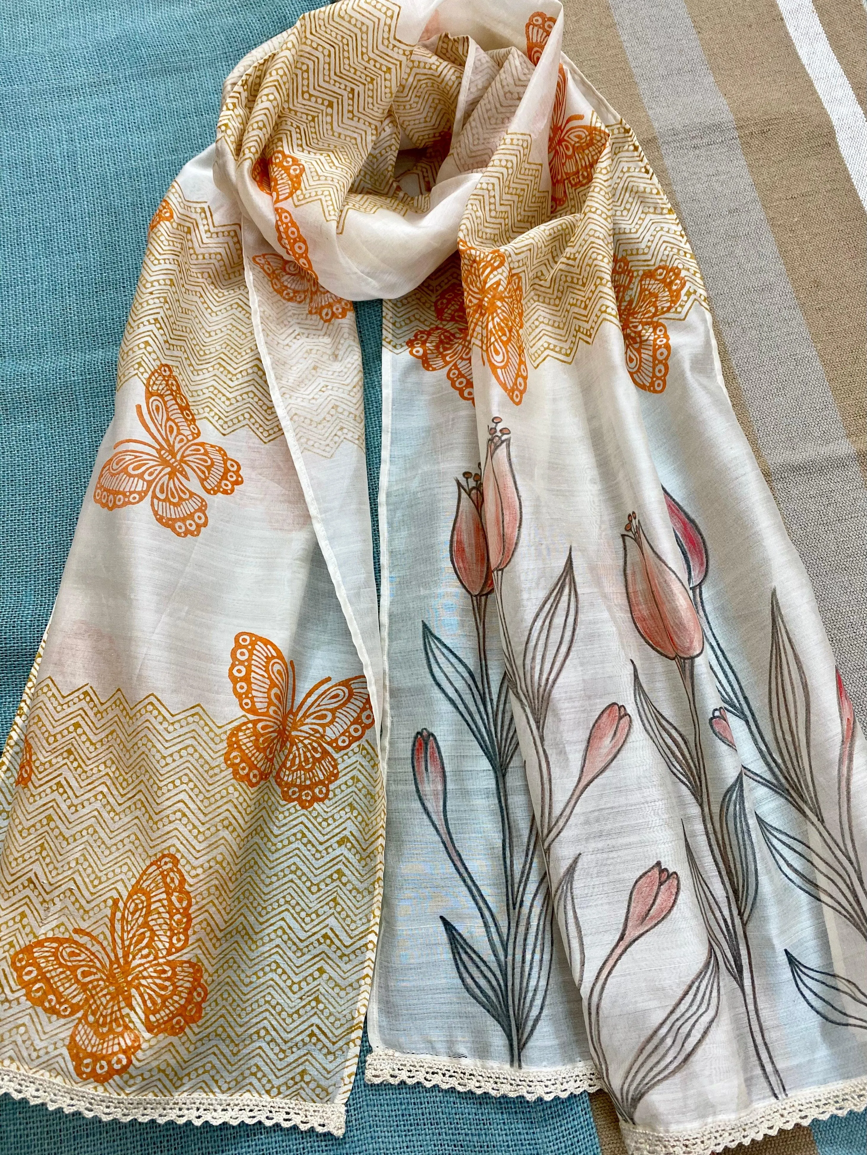 Butterflies & Flowers Hand Painted Silk Cotton Scarf