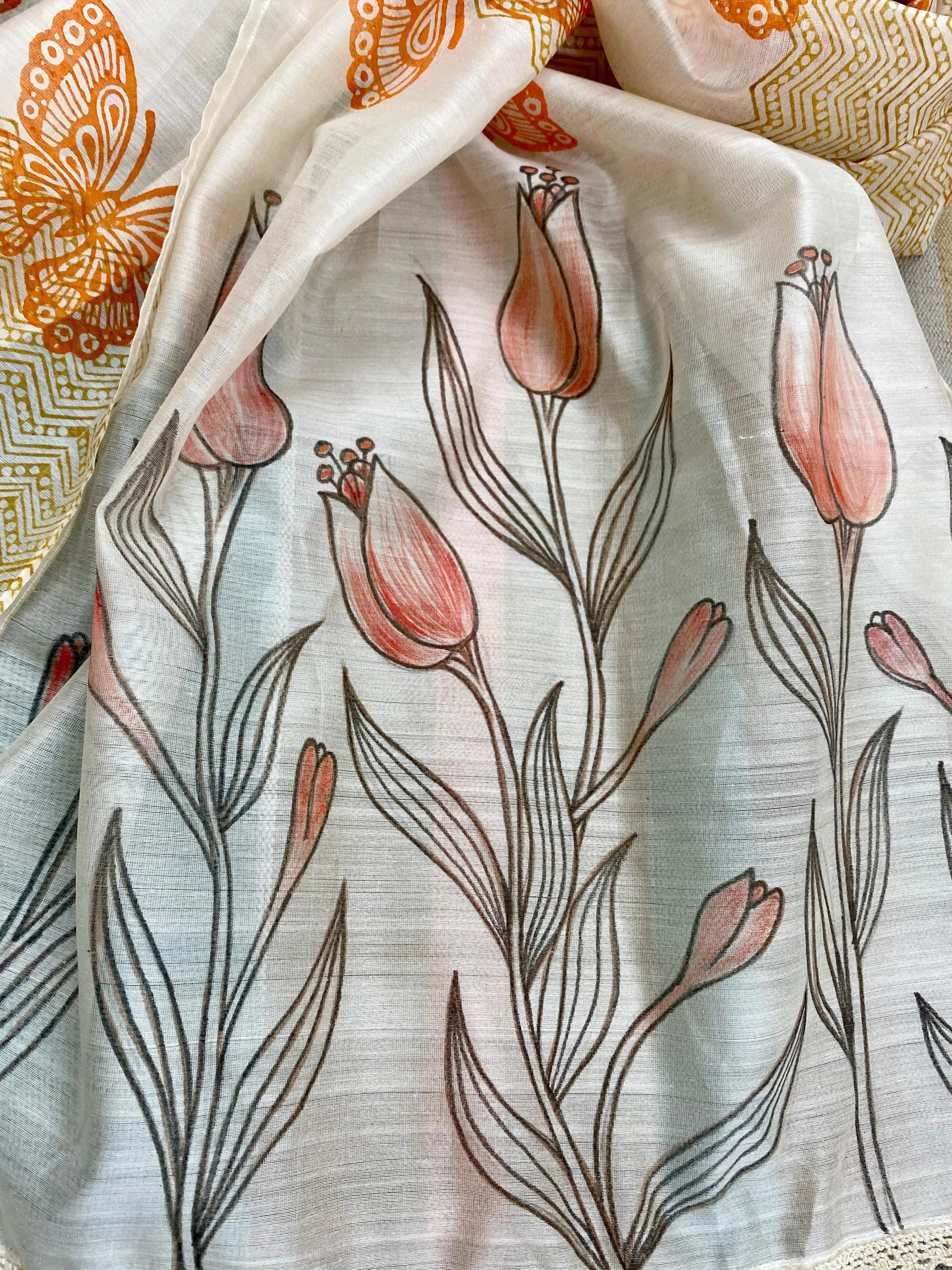 Butterflies & Flowers Hand Painted Silk Cotton Scarf