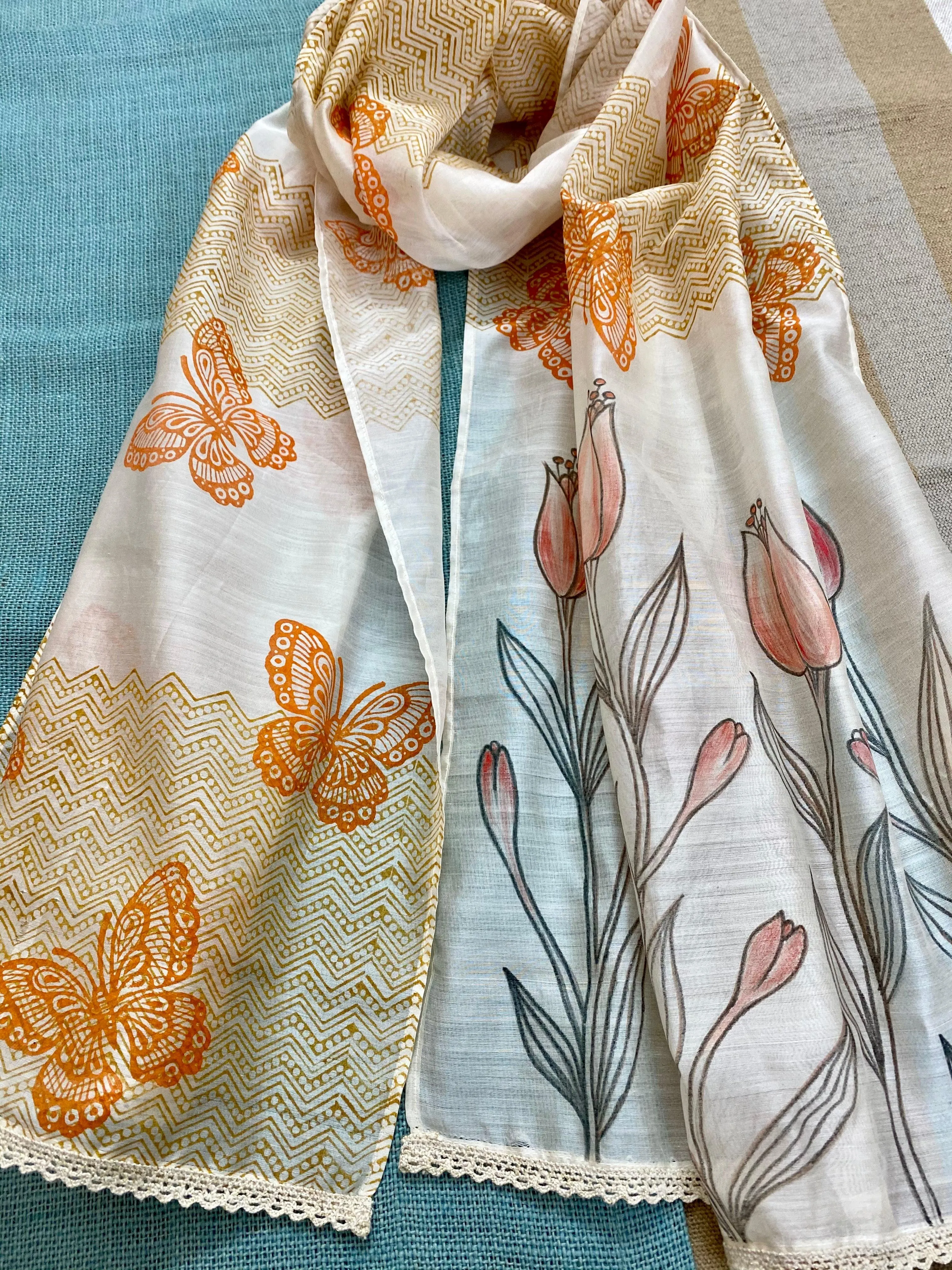 Butterflies & Flowers Hand Painted Silk Cotton Scarf
