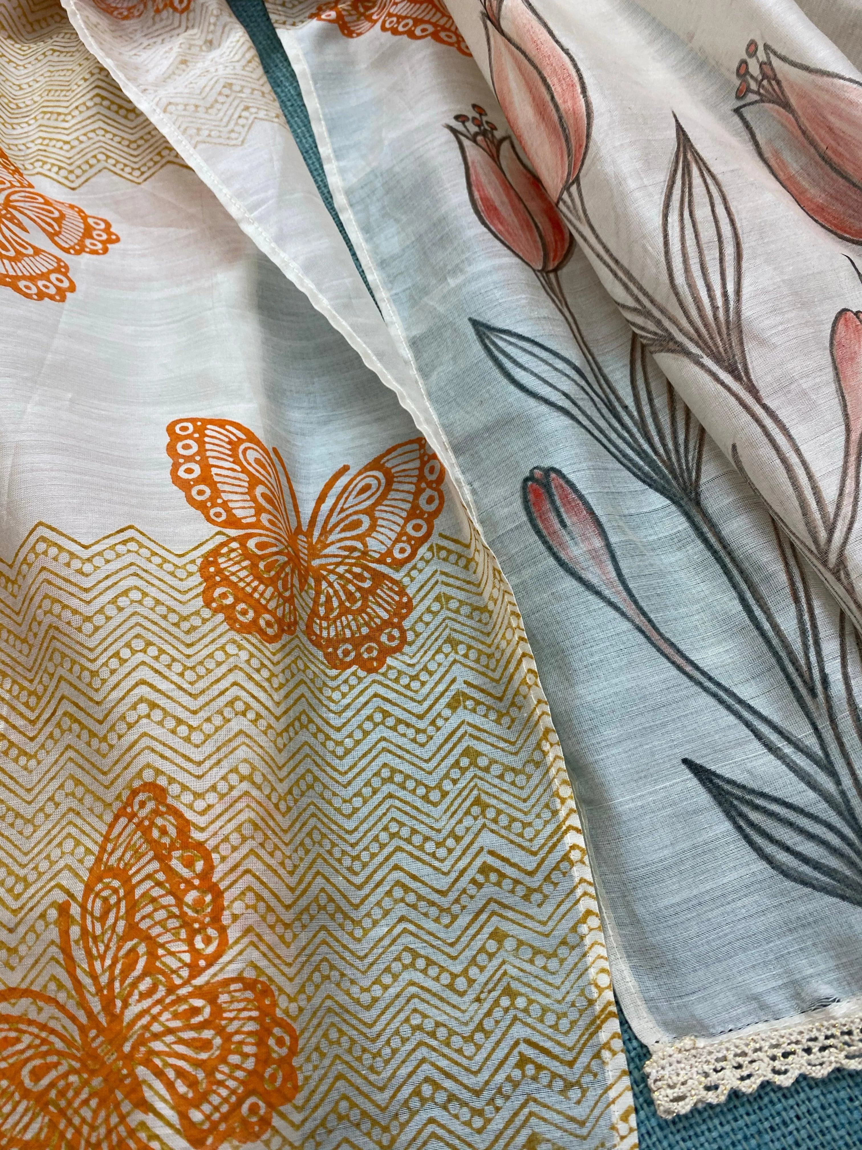 Butterflies & Flowers Hand Painted Silk Cotton Scarf
