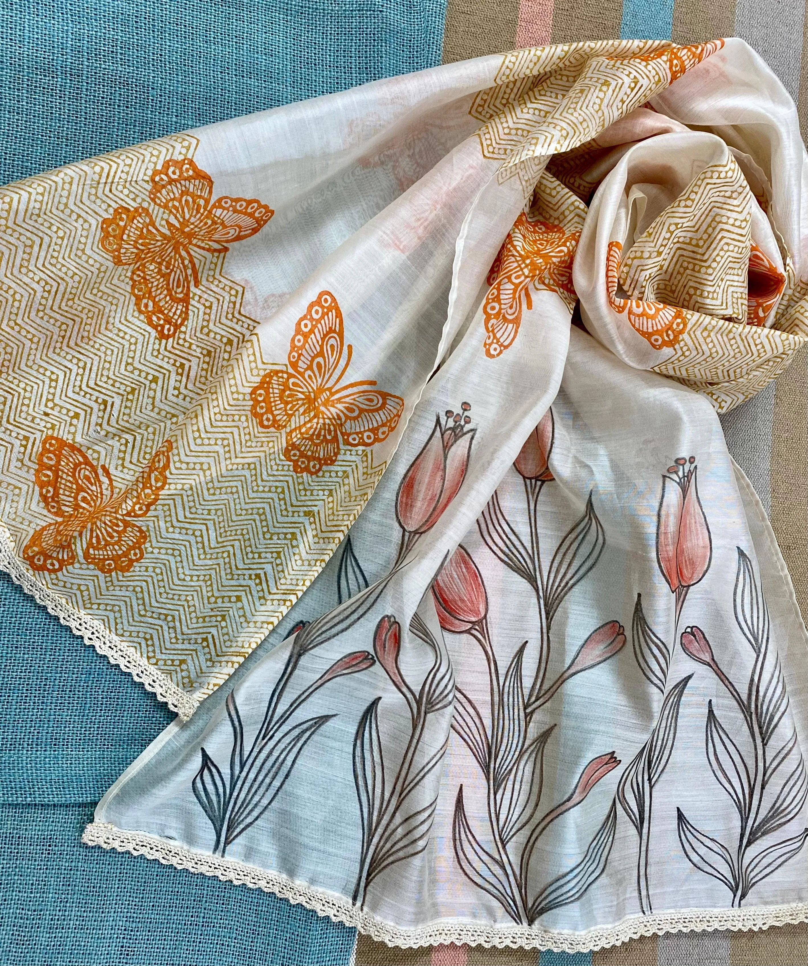 Butterflies & Flowers Hand Painted Silk Cotton Scarf