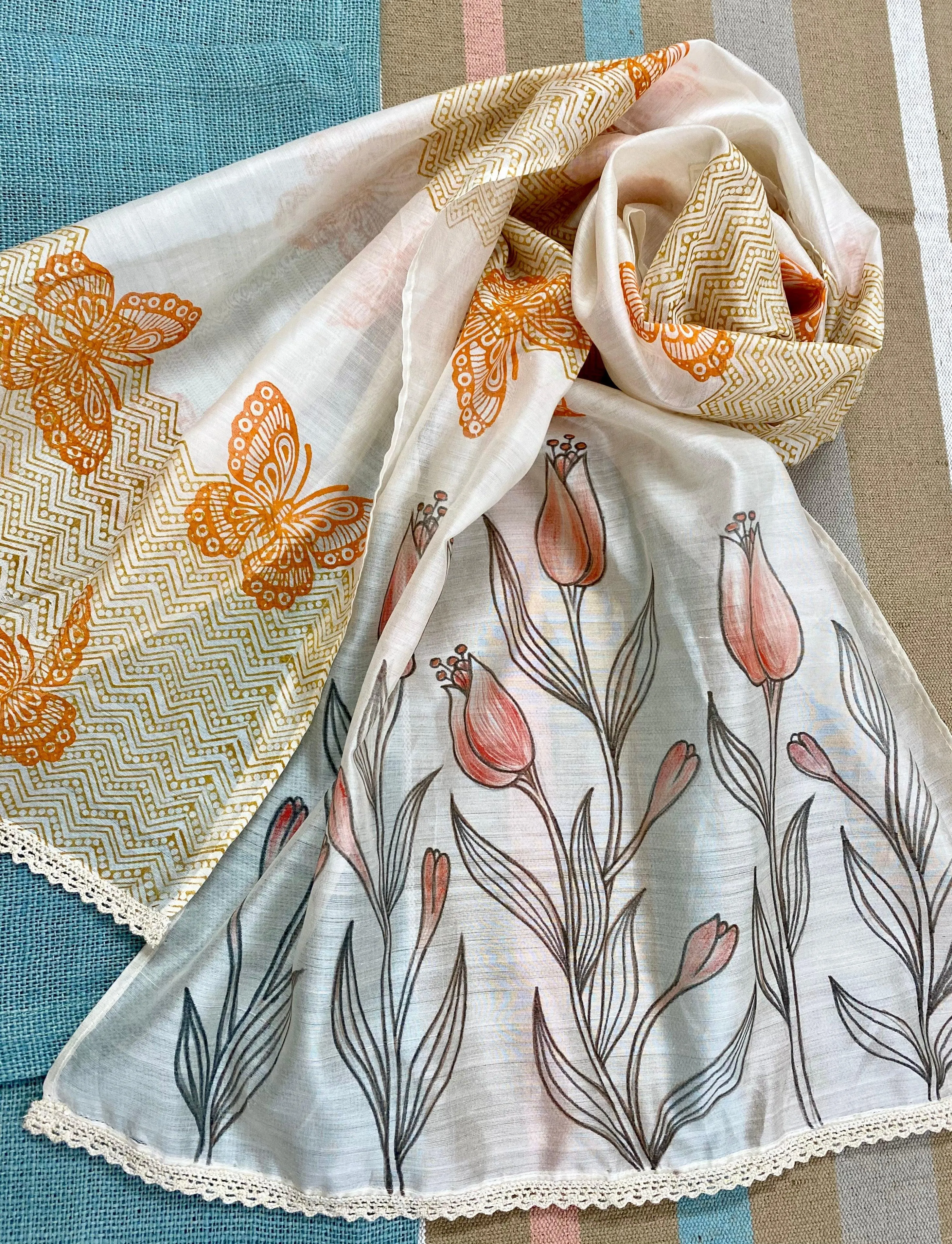 Butterflies & Flowers Hand Painted Silk Cotton Scarf