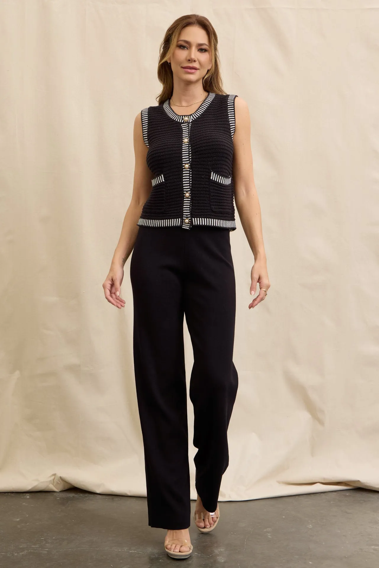 Buttoned Down Knit Chic Vest & Pants Set