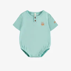 Cache-couche à manches courtes bleu en jersey gaufré , naissance || Blue bodysuit with short sleeves in waffle jersey, newborn