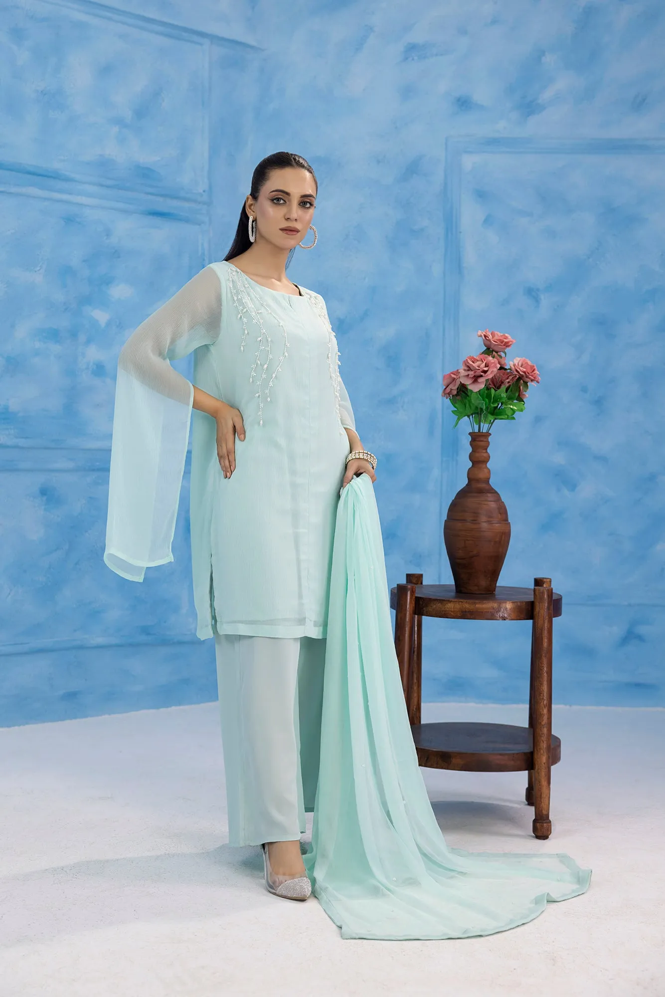 Classic Aqua Embroidered stitched 3-piece