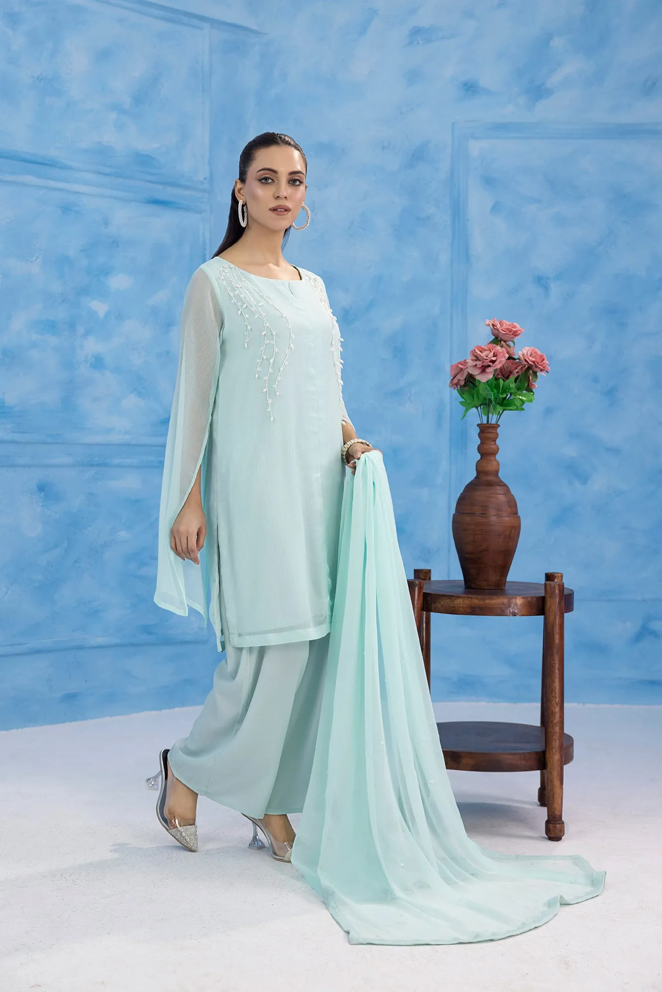 Classic Aqua Embroidered stitched 3-piece