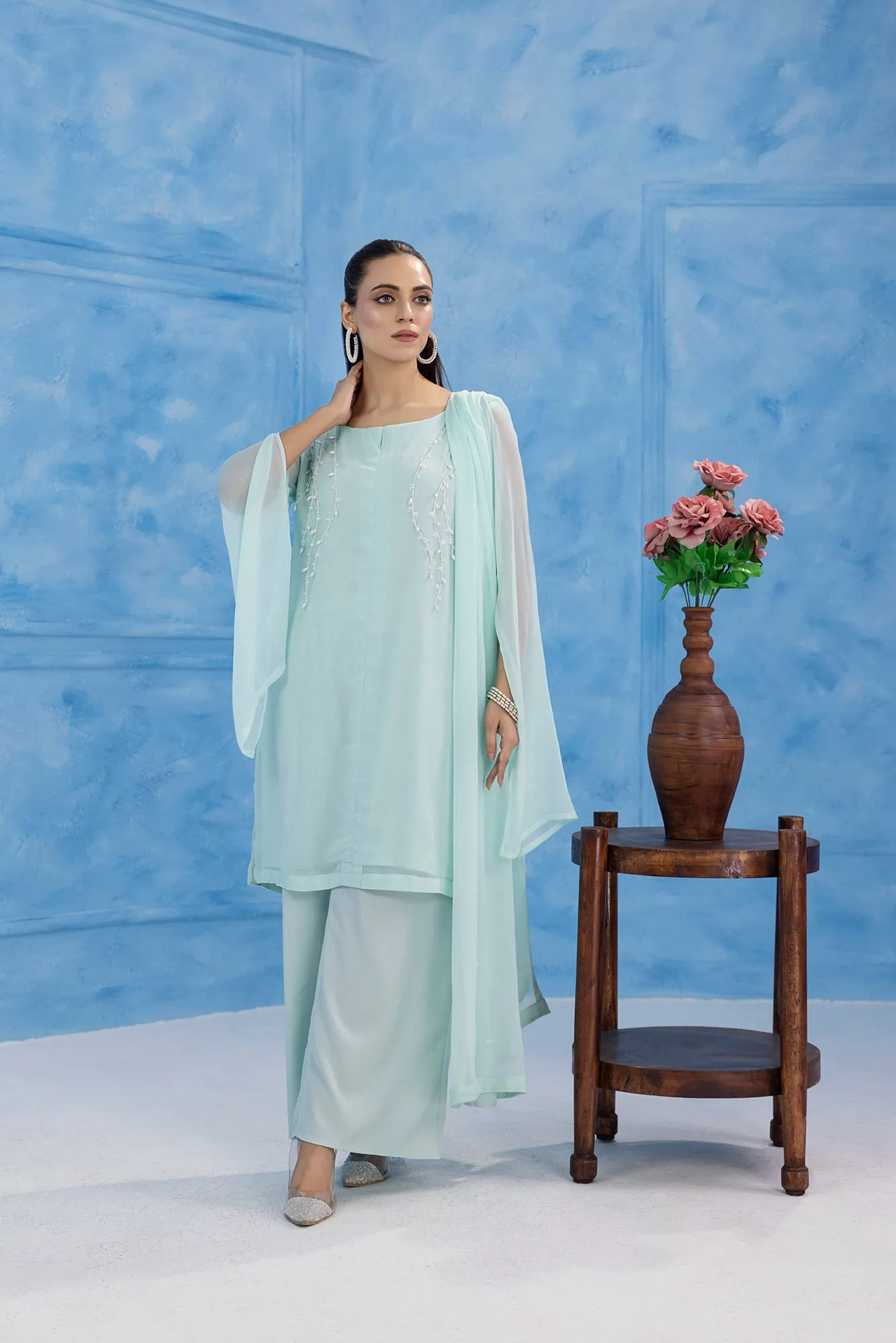 Classic Aqua Embroidered stitched 3-piece