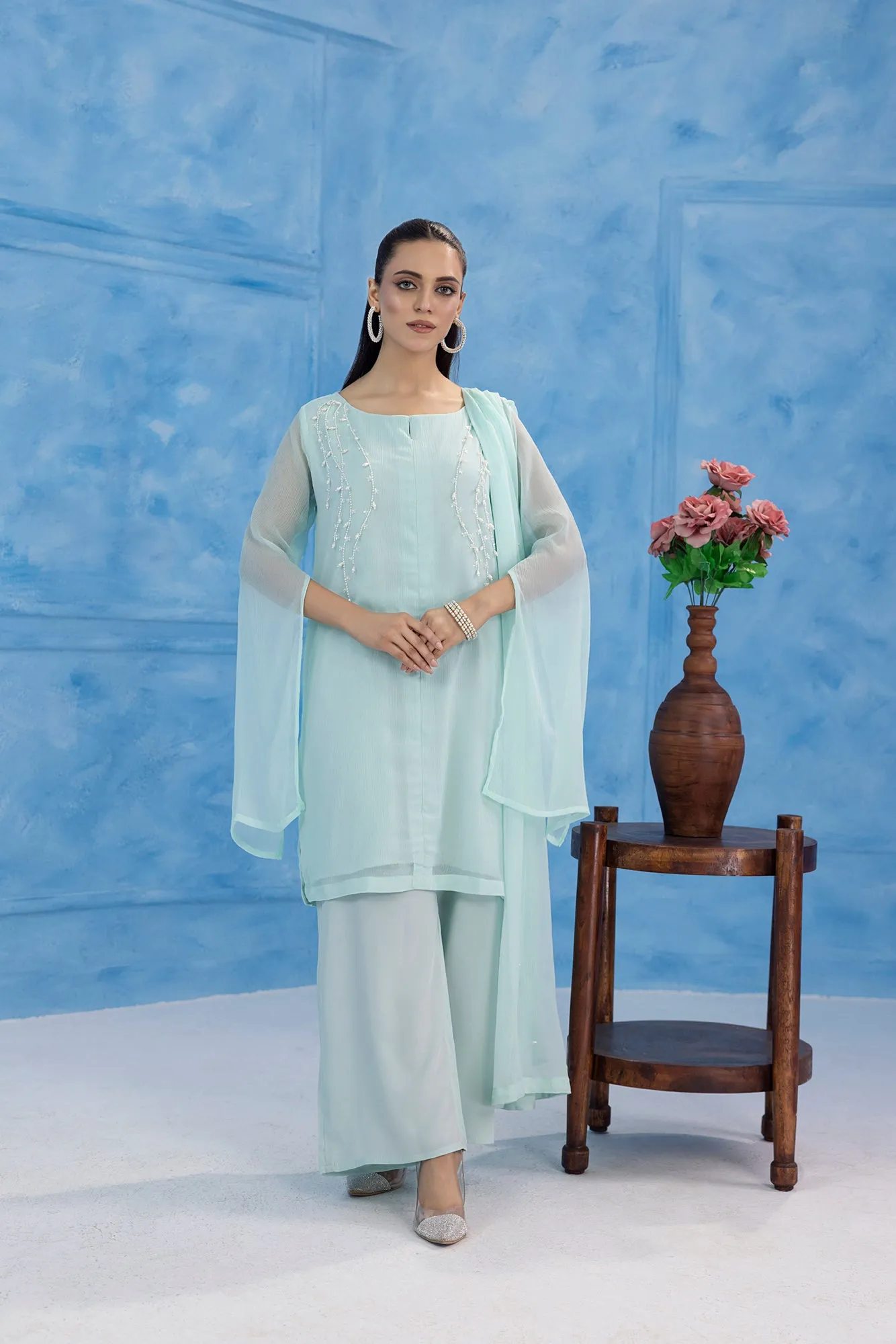 Classic Aqua Embroidered stitched 3-piece