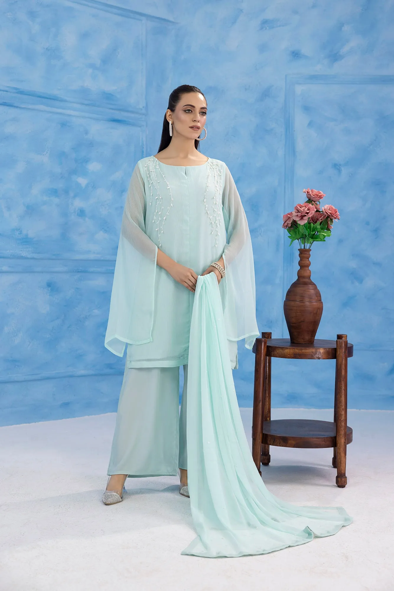 Classic Aqua Embroidered stitched 3-piece