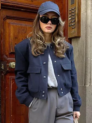 Classic Navy Bomber Jacket for Women's Smart Casual Attire
