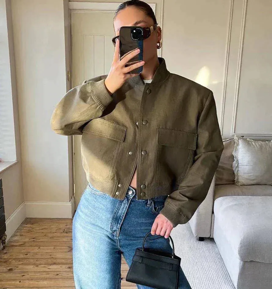 Classic Navy Bomber Jacket for Women's Smart Casual Attire