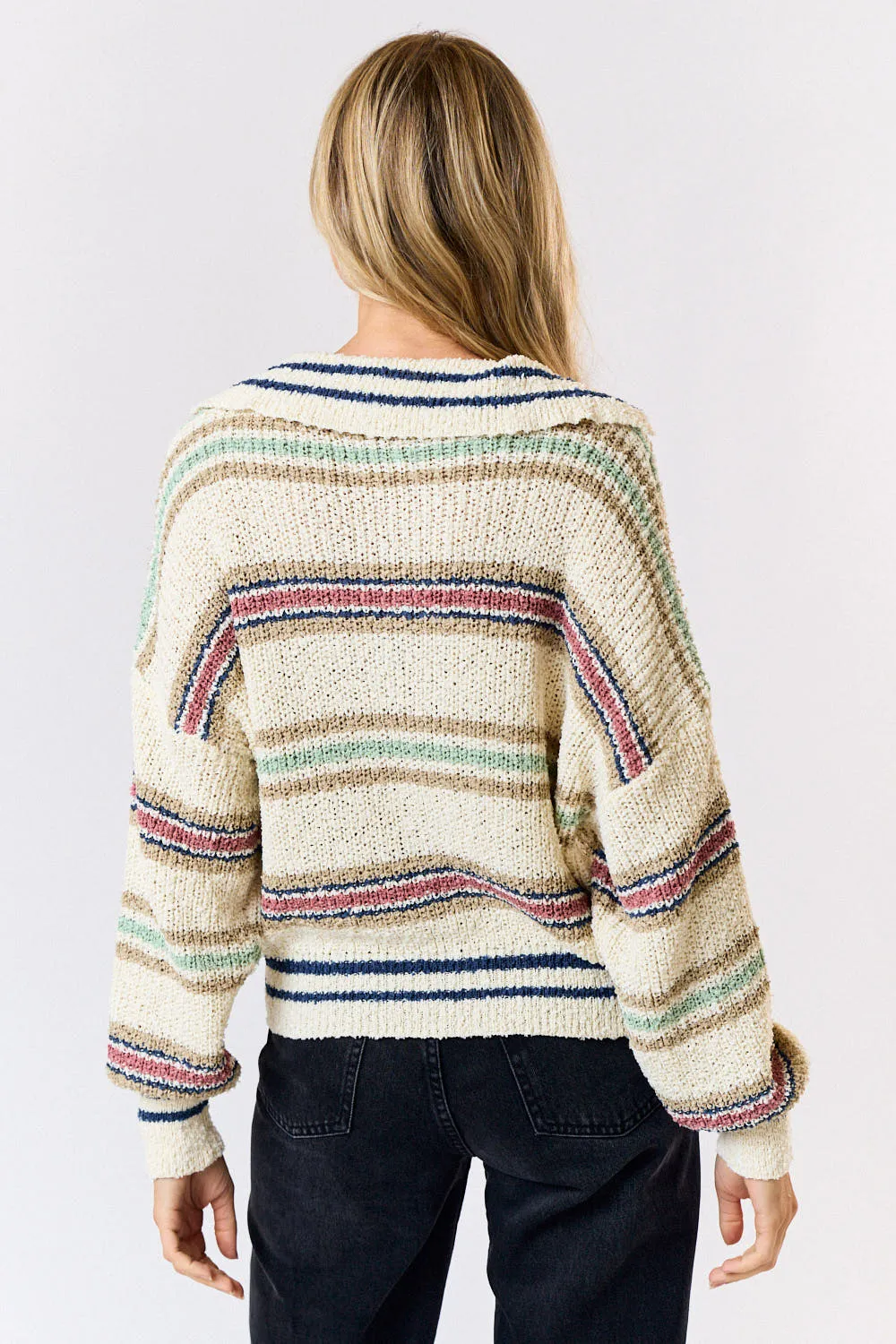 Coffee Run Striped Collared Fuzzy Sweater in Cream