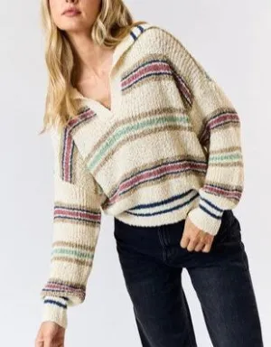 Coffee Run Striped Collared Fuzzy Sweater in Cream