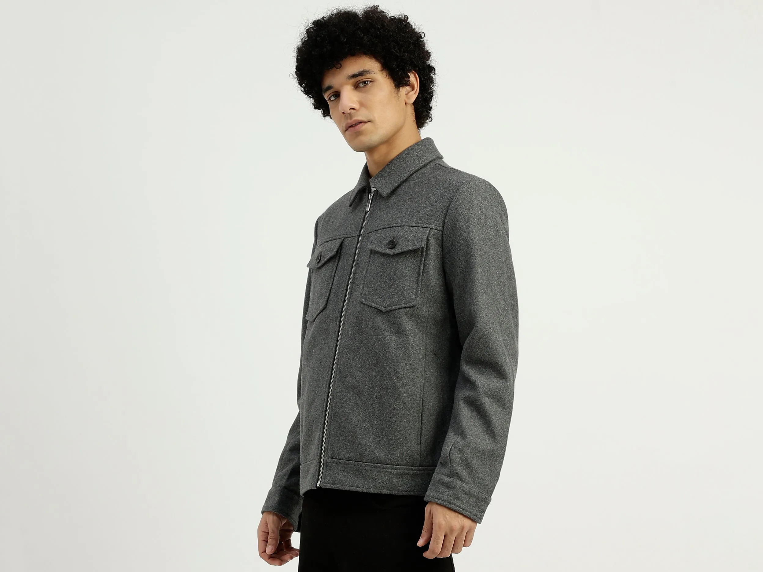 Collared Solid Zipper Jacket