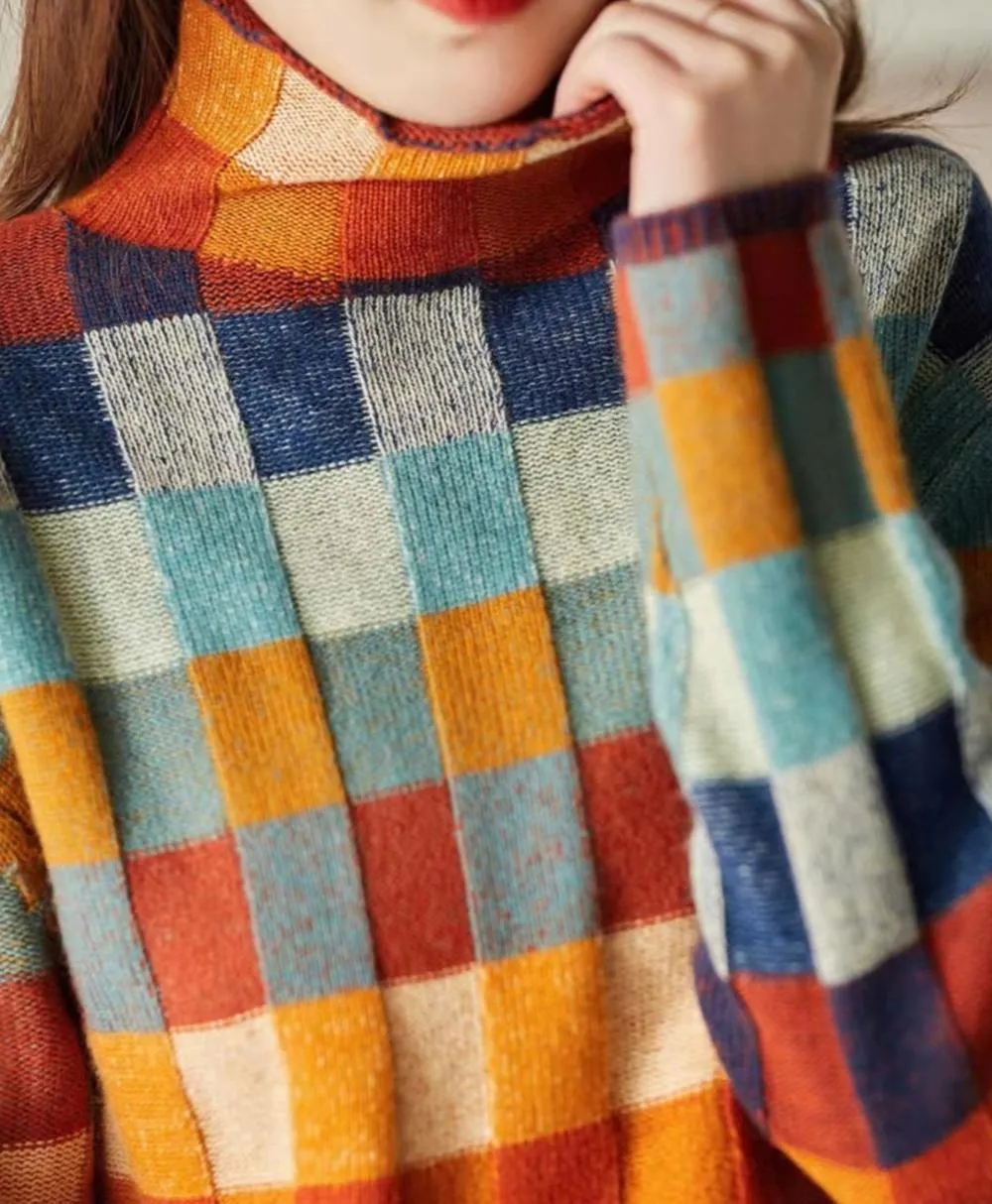 Colorful Checked Women's Sweater with High Collar