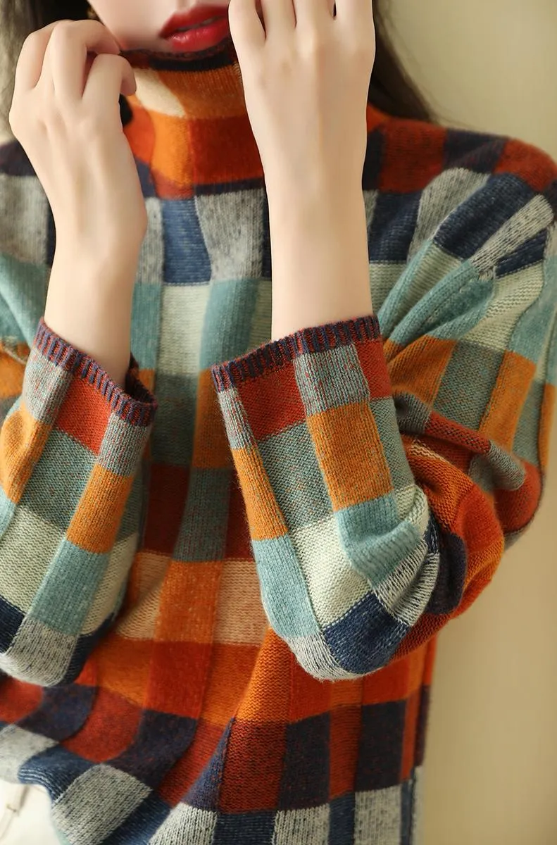 Colorful Checked Women's Sweater with High Collar